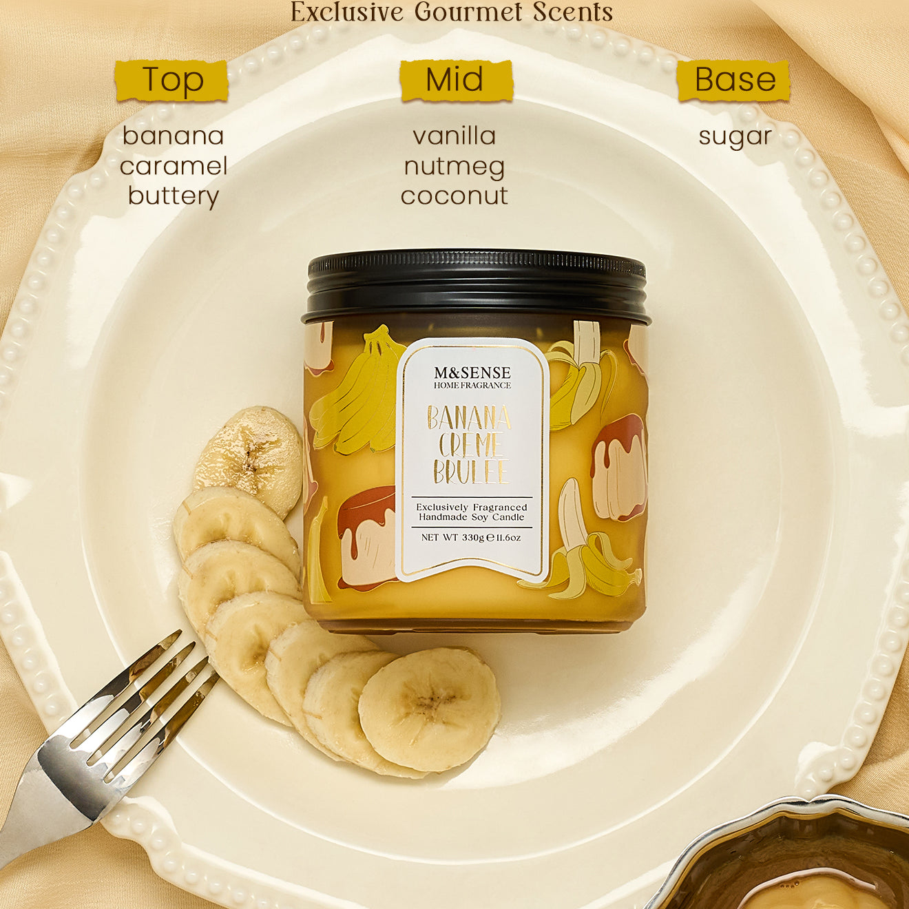 Mèsènse banana crème brèlée candle on a plate with banana slices and a fork.