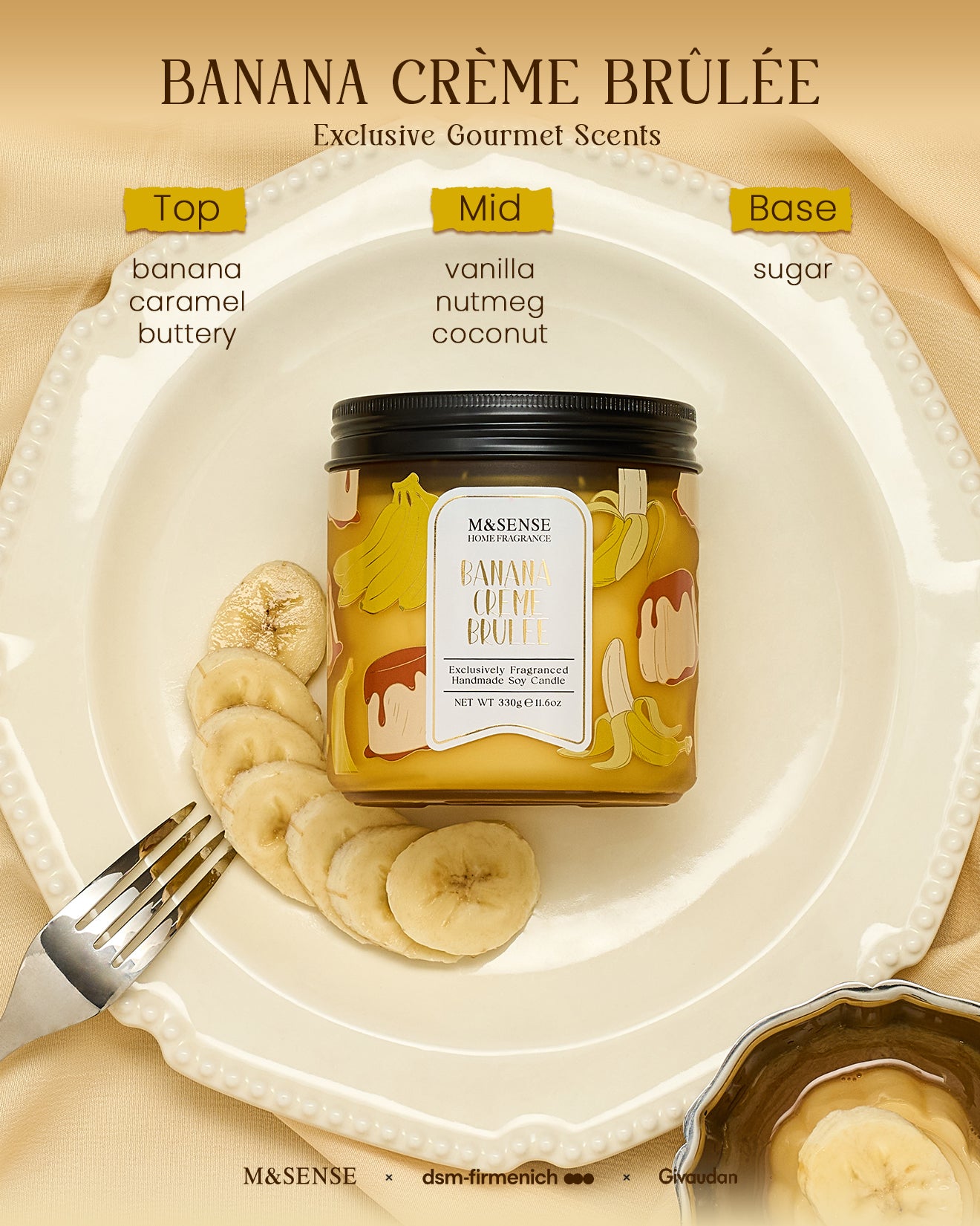 Mèsènse banana crème brèlée candle on a plate with banana slices and a fork.