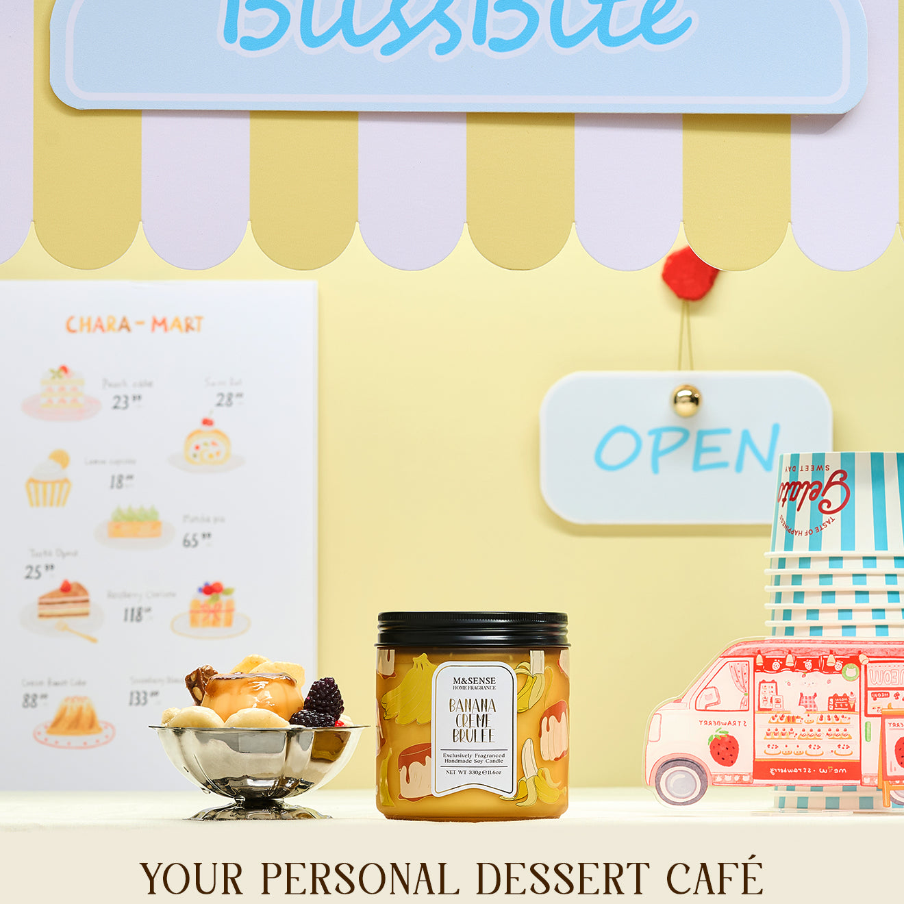 Bliss Bite dessert café setup with a jar of dessert and menu board on a yellow background