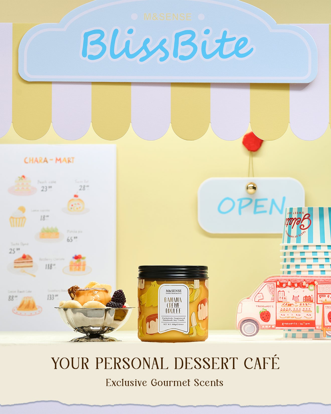 Bliss Bite dessert café setup with a jar of dessert and menu board on a yellow background