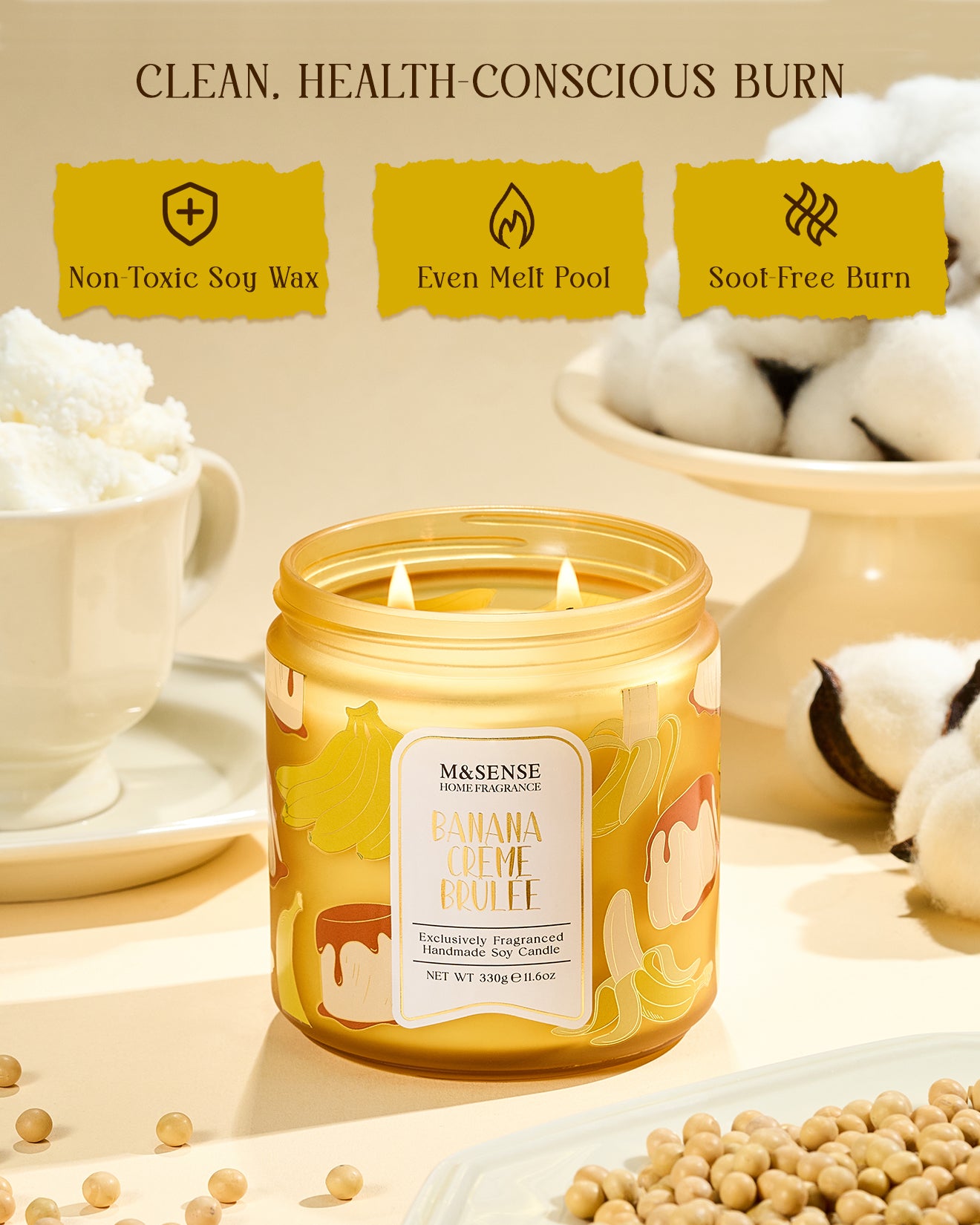 Candle labeled 'Banana Cèreme Butè' with product features on a neutral background