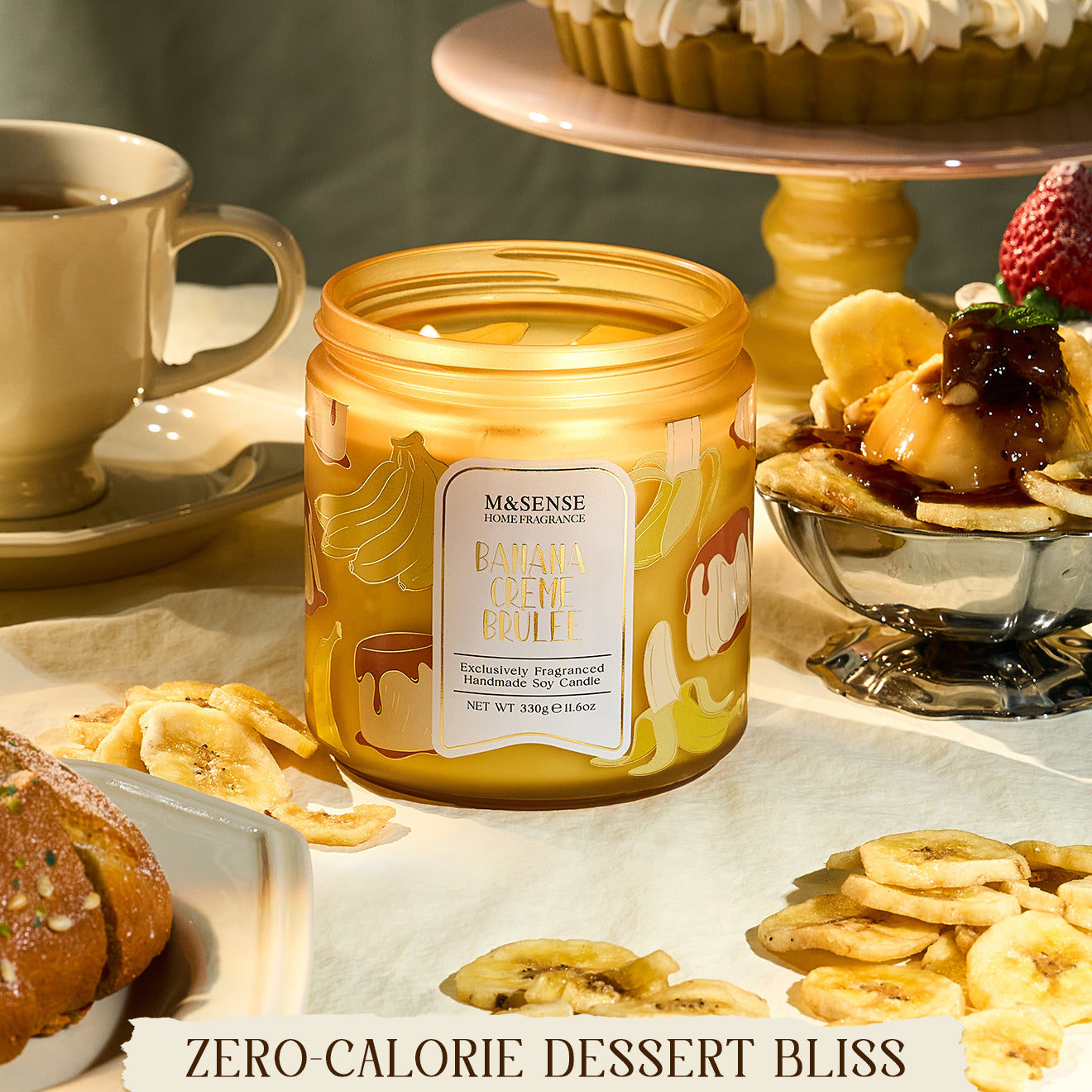 Candle labeled 'Zero Calorie Dessert Bliss' on a table with desserts and a cup.