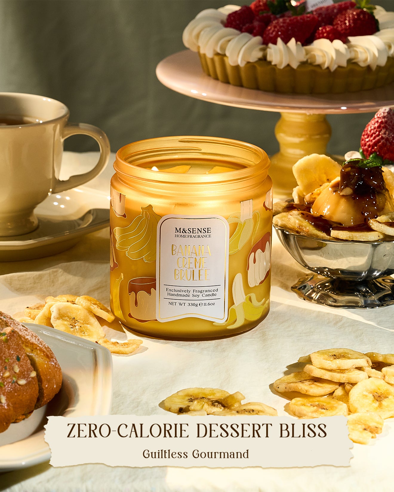 Candle labeled 'Zero Calorie Dessert Bliss' on a table with desserts and a cup.