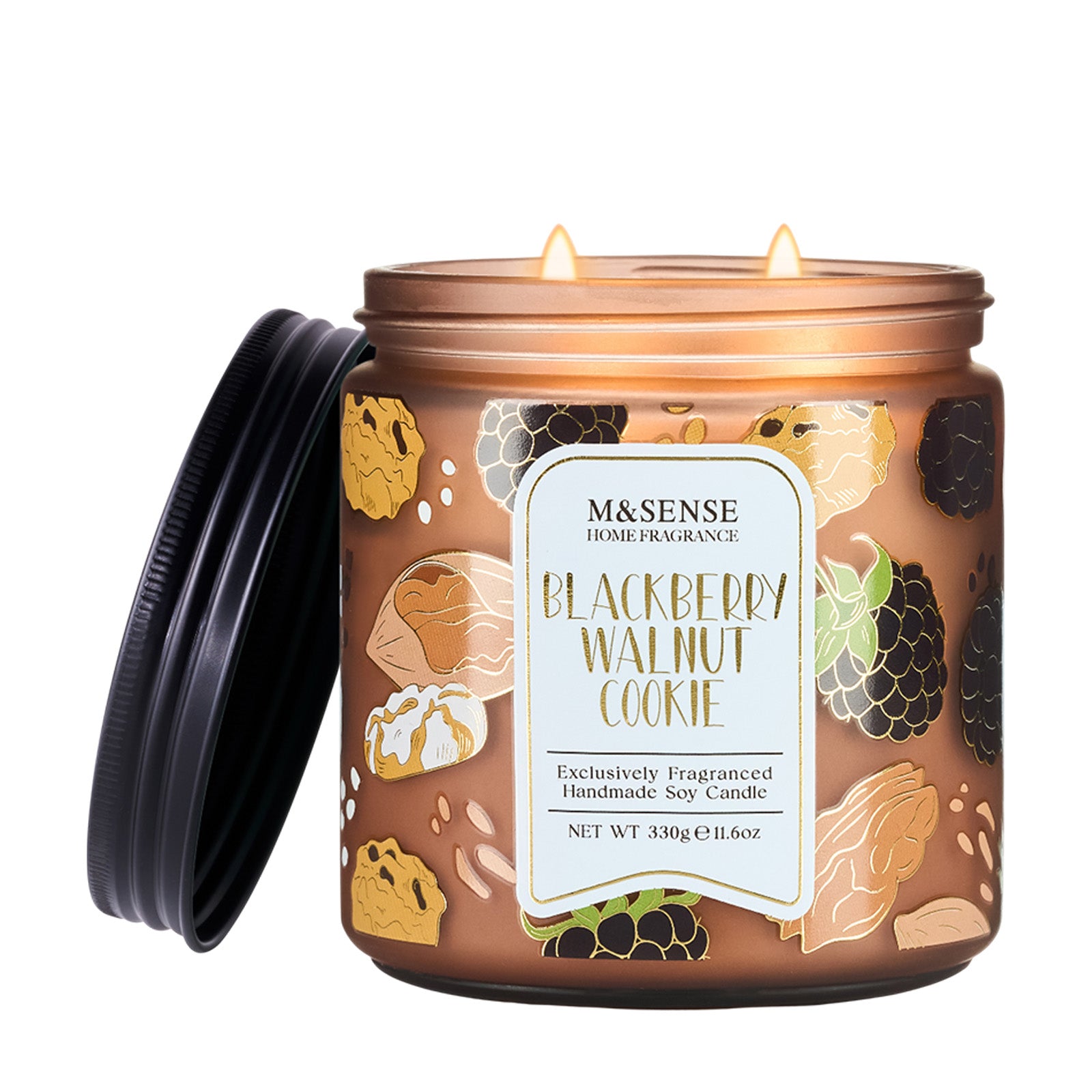 M&Sense candle with blackberry walnut cookie design on a white background