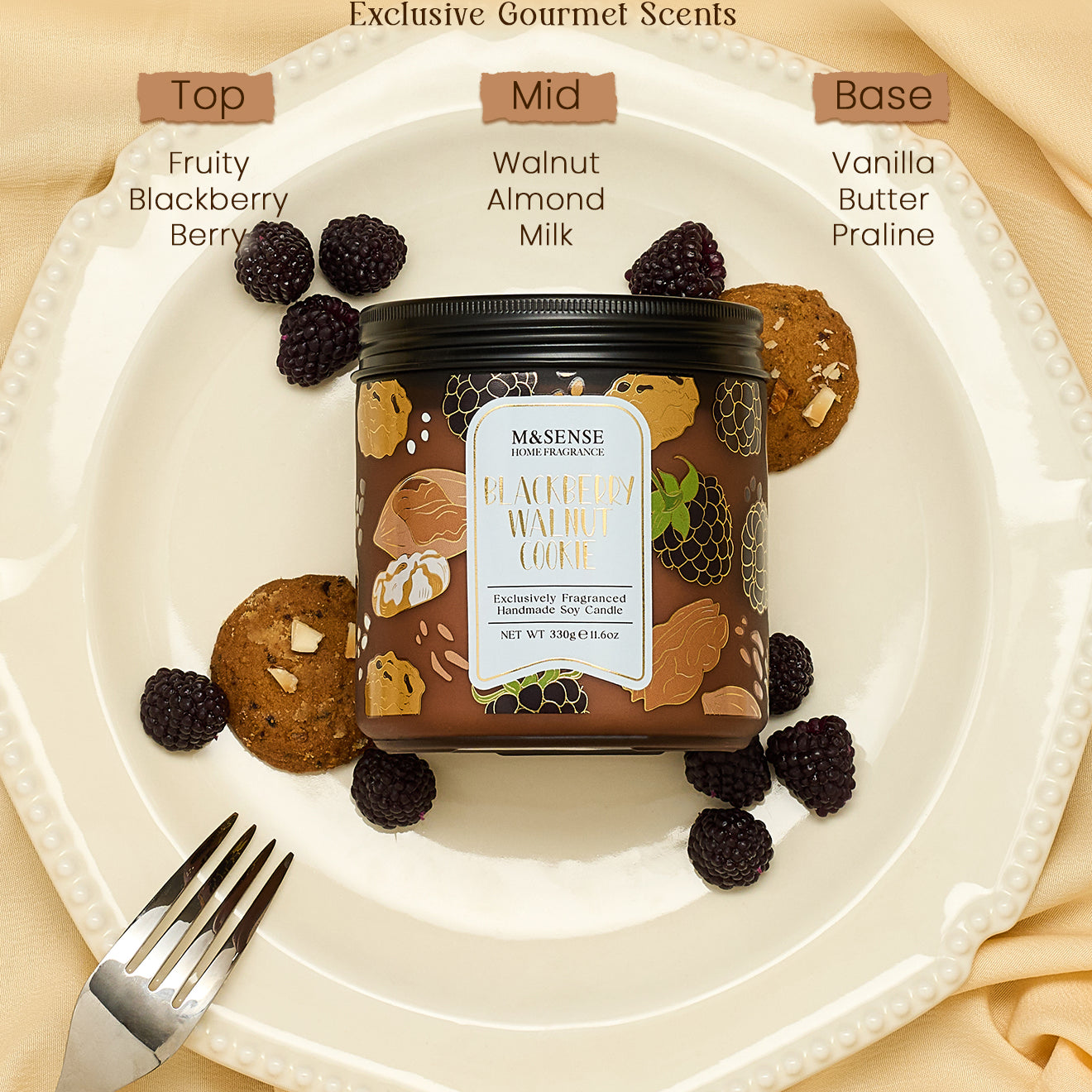 Blackberry Walnut Cookie scented candle with ingredients on a plate