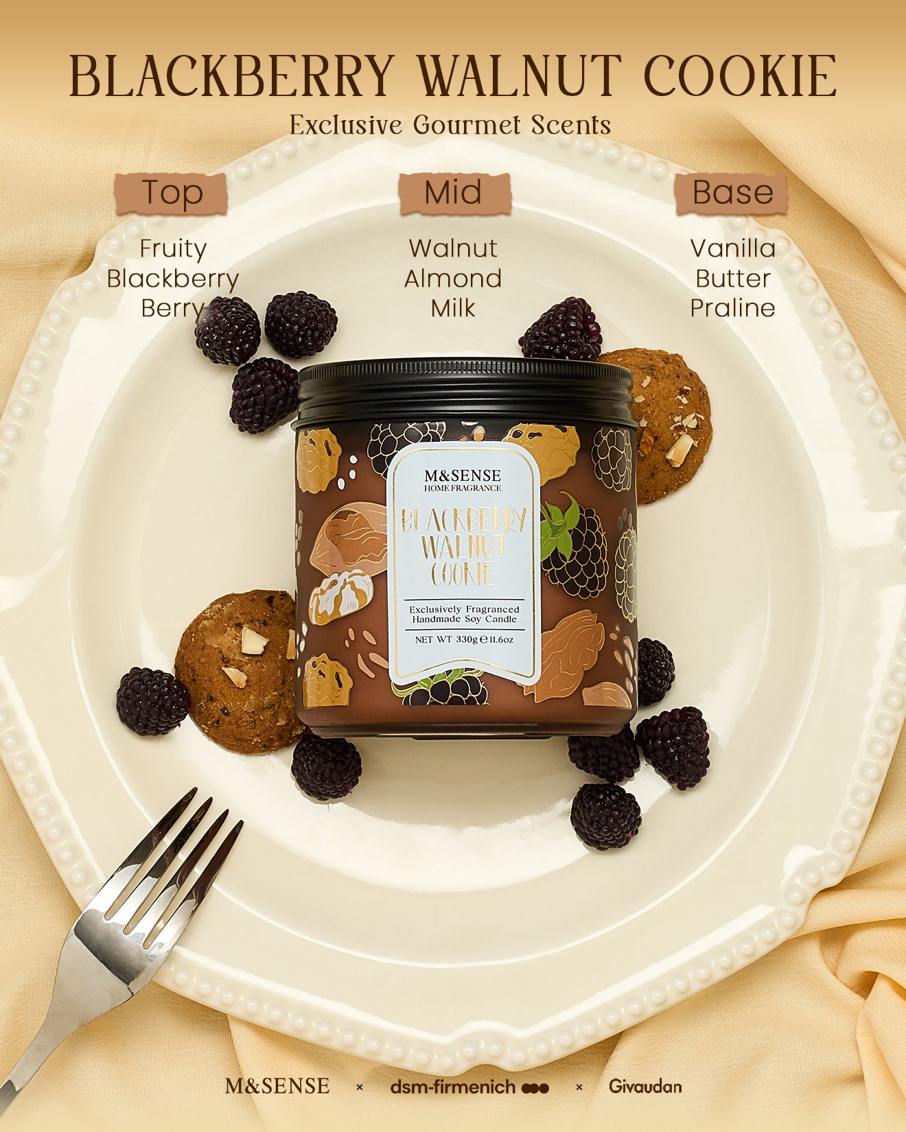 Blackberry Walnut Cookie scented candle with ingredients on a plate