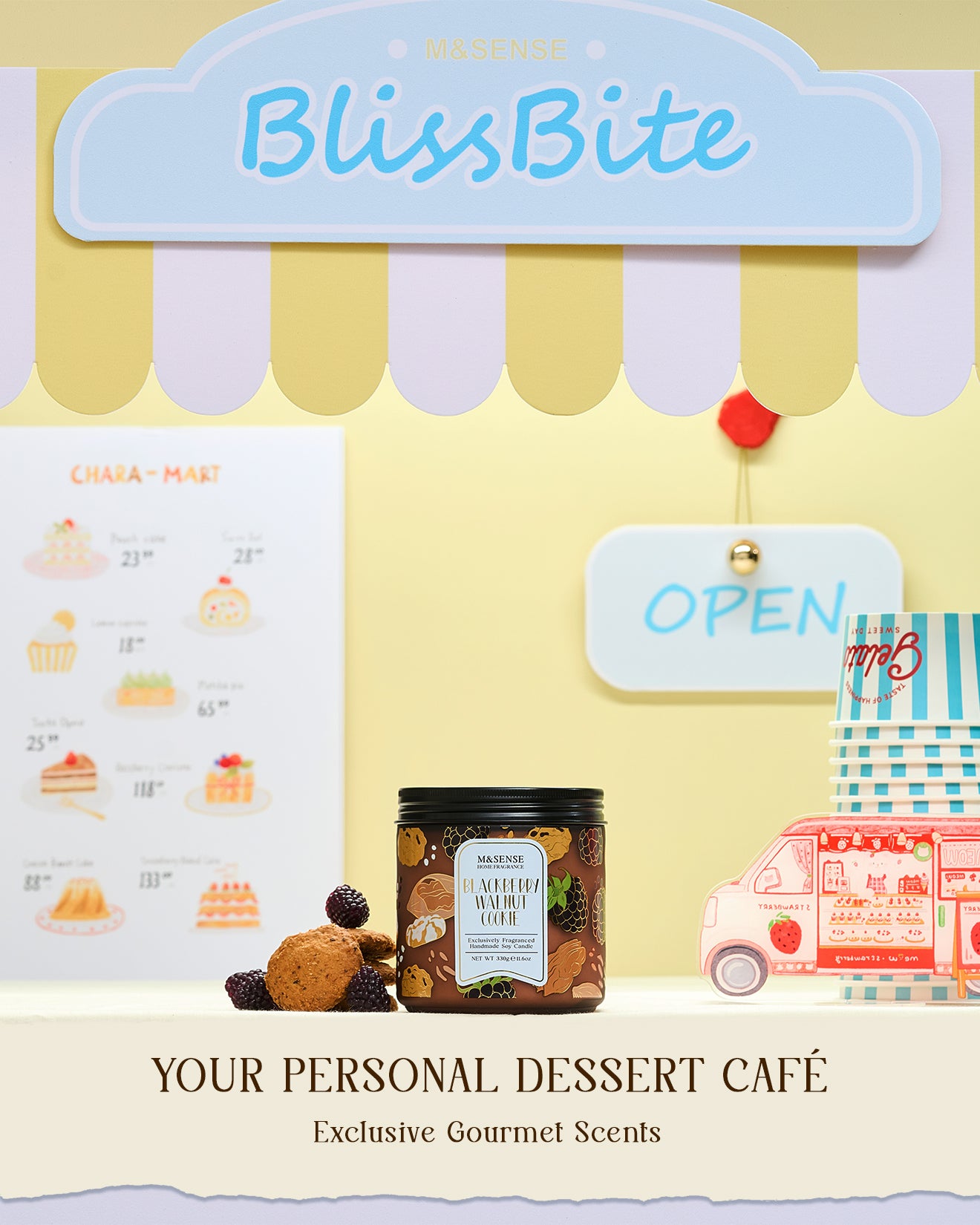 Bliss Bite dessert display with a jar of dessert and a menu on a yellow background