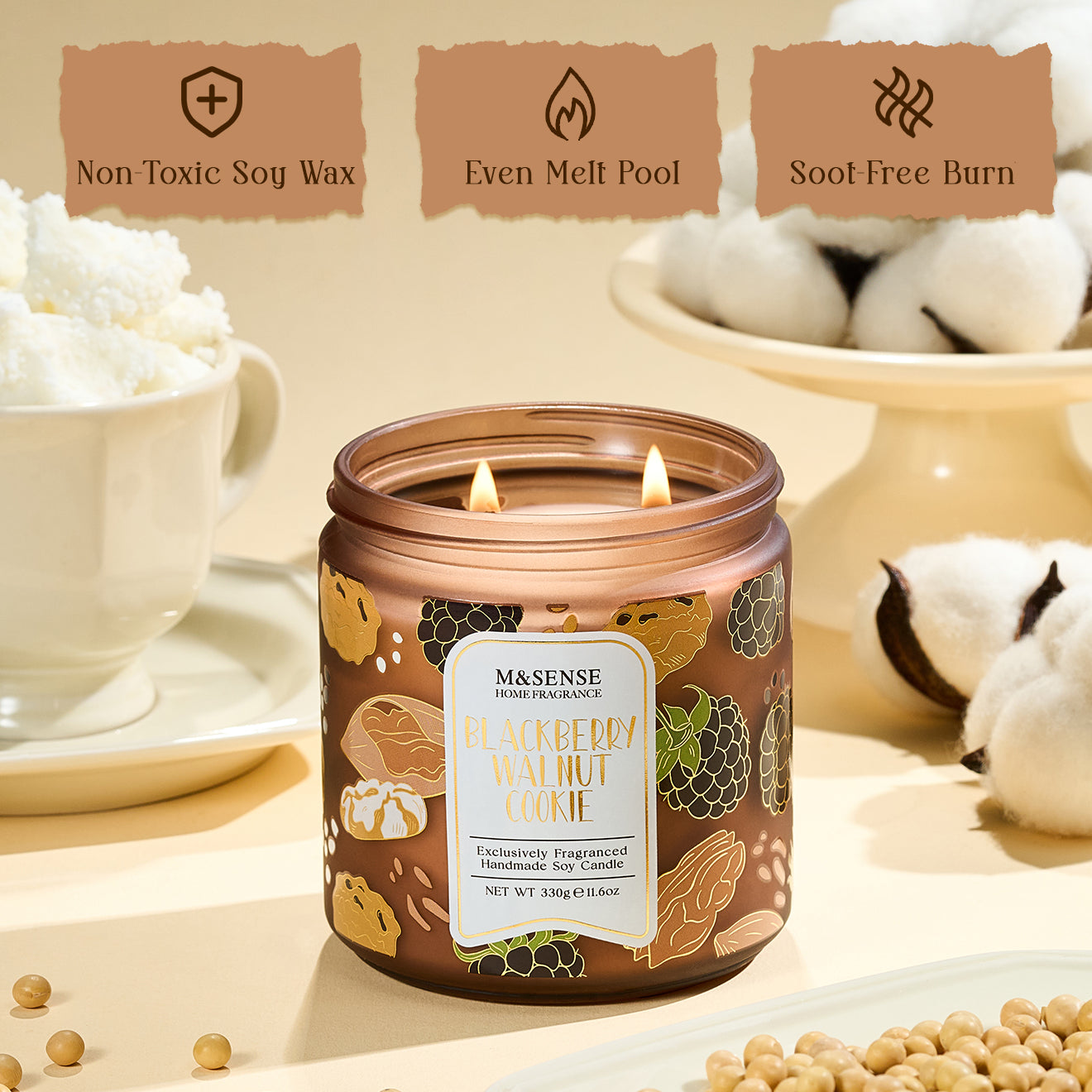 Candle with a label on a neutral background, featuring text about the candle's qualities.