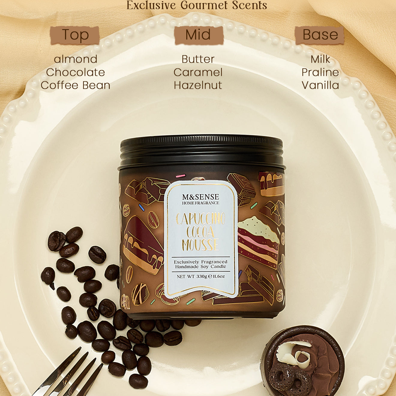 Capuccino cocoa mousse jar with flavor description on a plate with coffee beans and a fork.