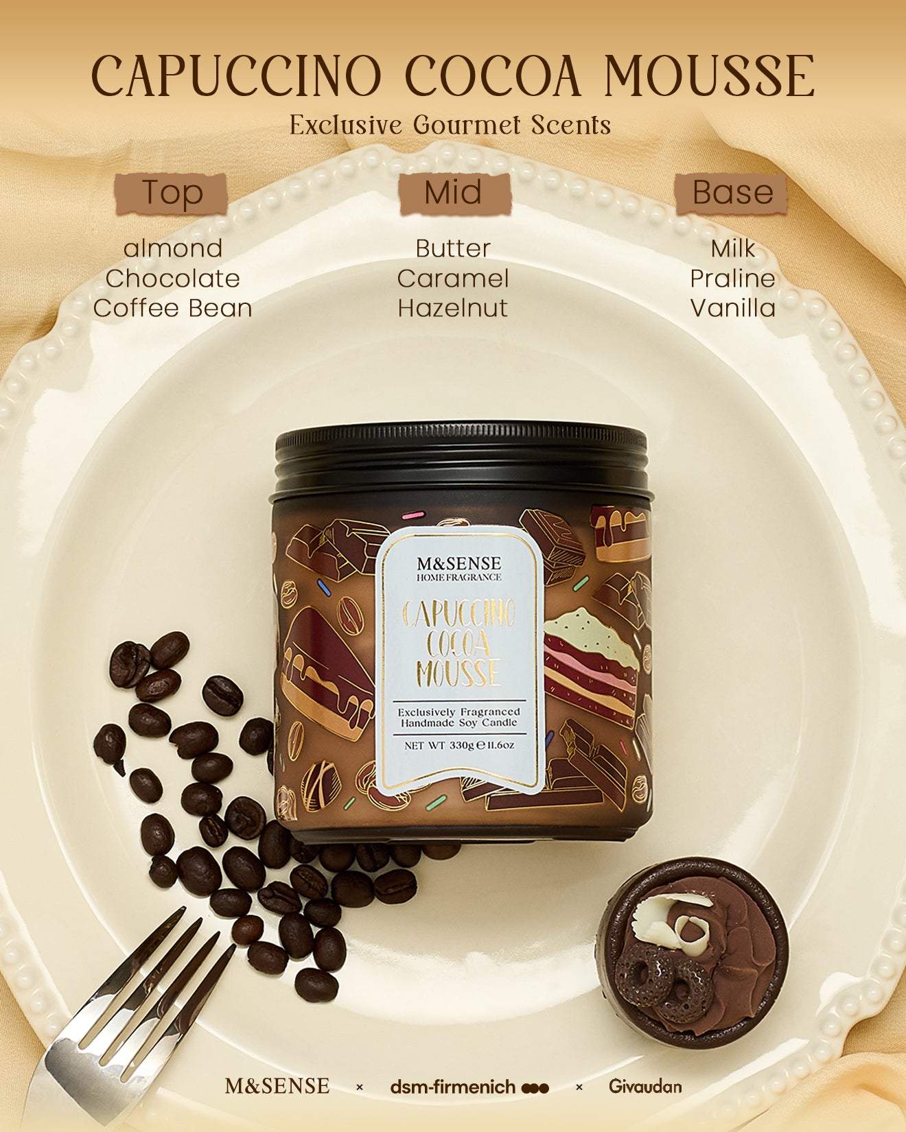 Capuccino cocoa mousse jar with flavor description on a plate with coffee beans and a fork.