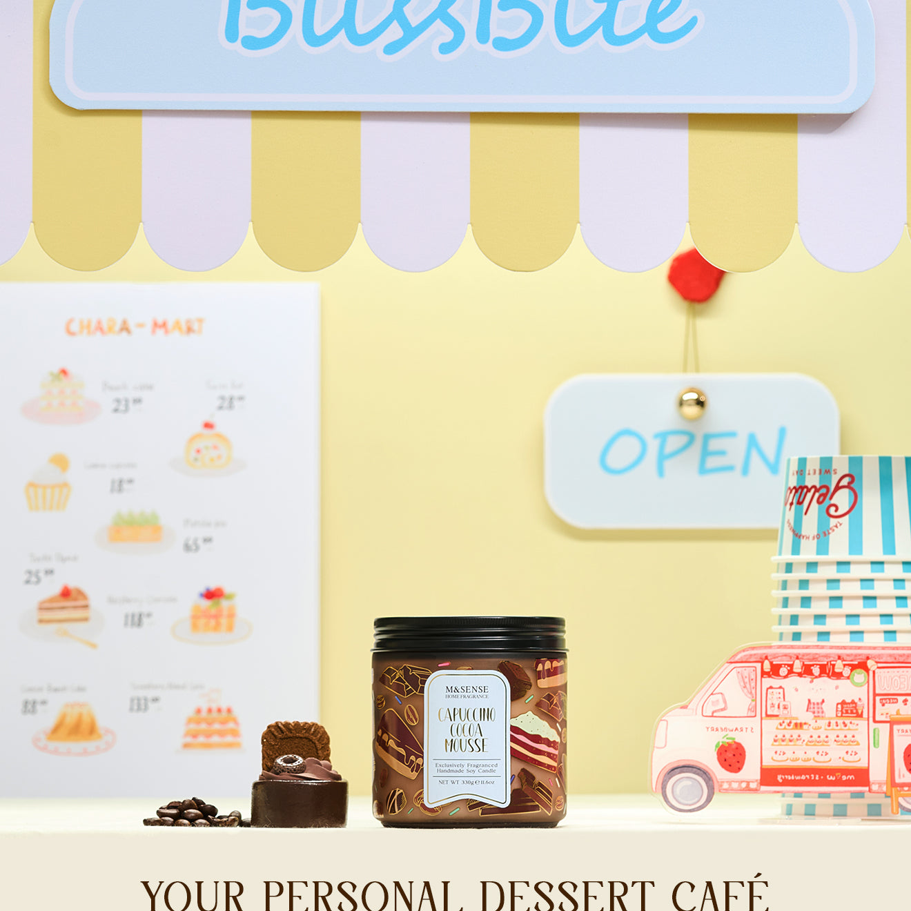 BlissBite dessert-themed product packaging with a 'Your Personal Dessert Café' theme.