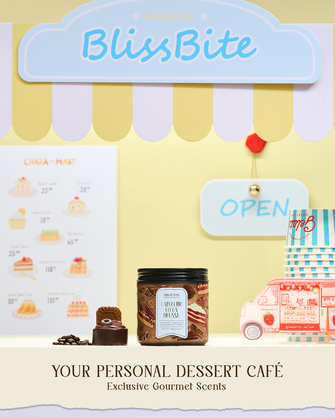 BlissBite dessert-themed product packaging with a 'Your Personal Dessert Café' theme.