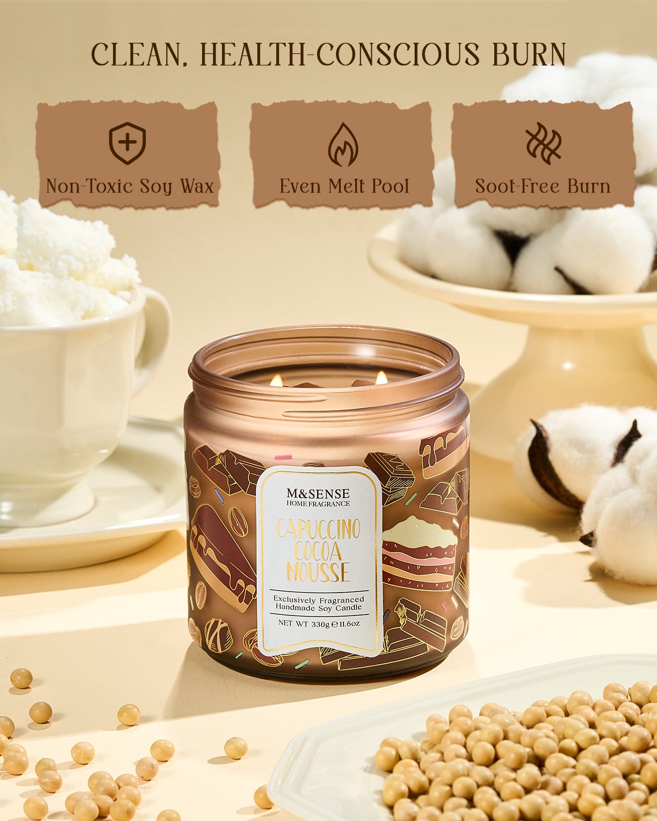 Candle jar with decorative label on a neutral background with cotton and soybeans.