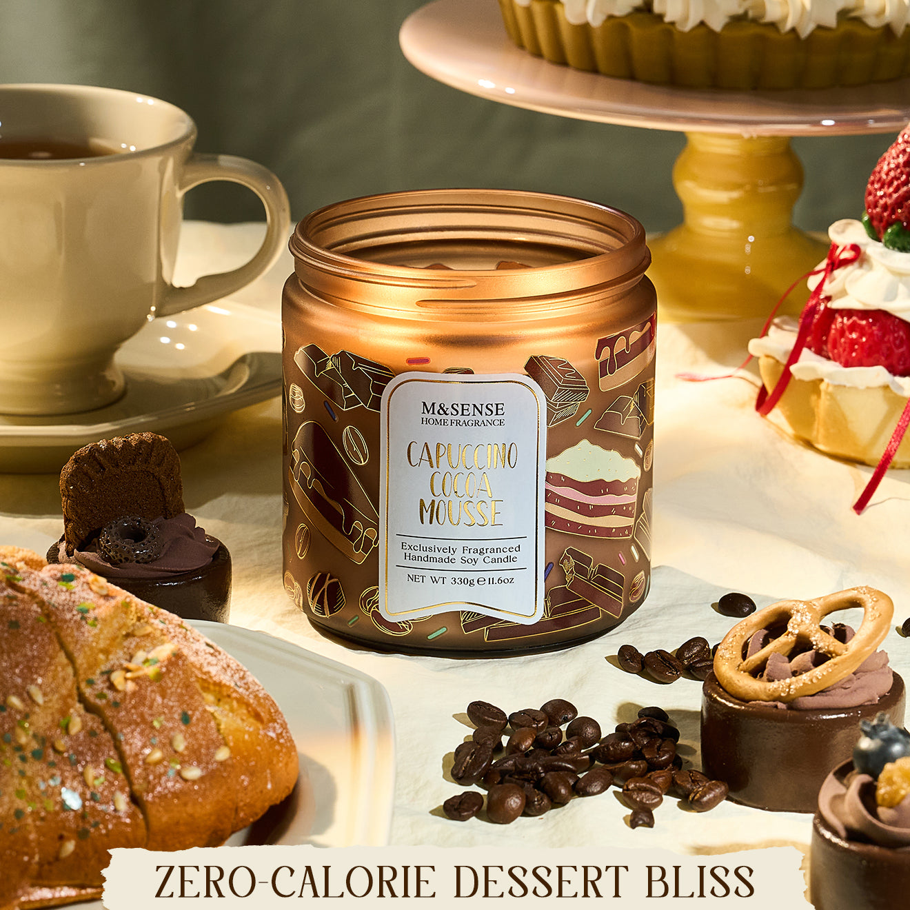 Candle jar labeled 'Capriccio Delizioso' on a table with desserts and coffee beans.