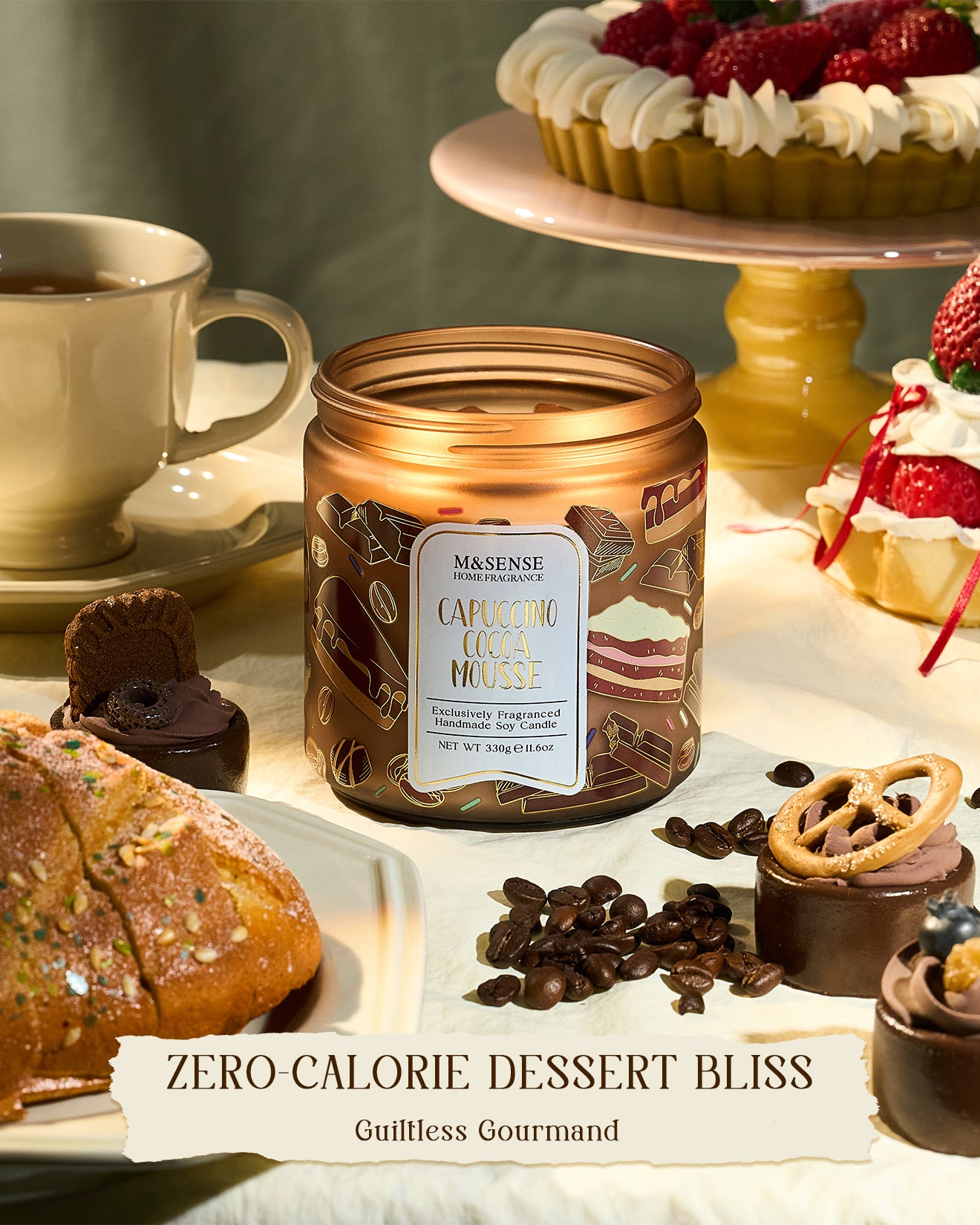 Candle jar labeled 'Capriccio Delizioso' on a table with desserts and coffee beans.