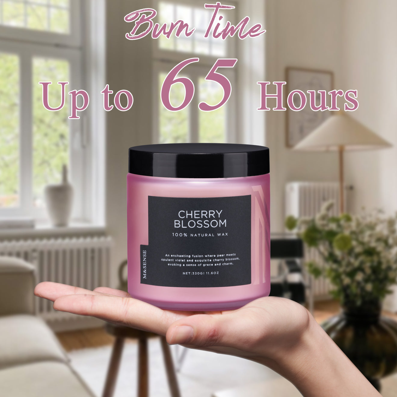 Purple Candle with a label held by hands against a room background, featuring text about burn time and weight.