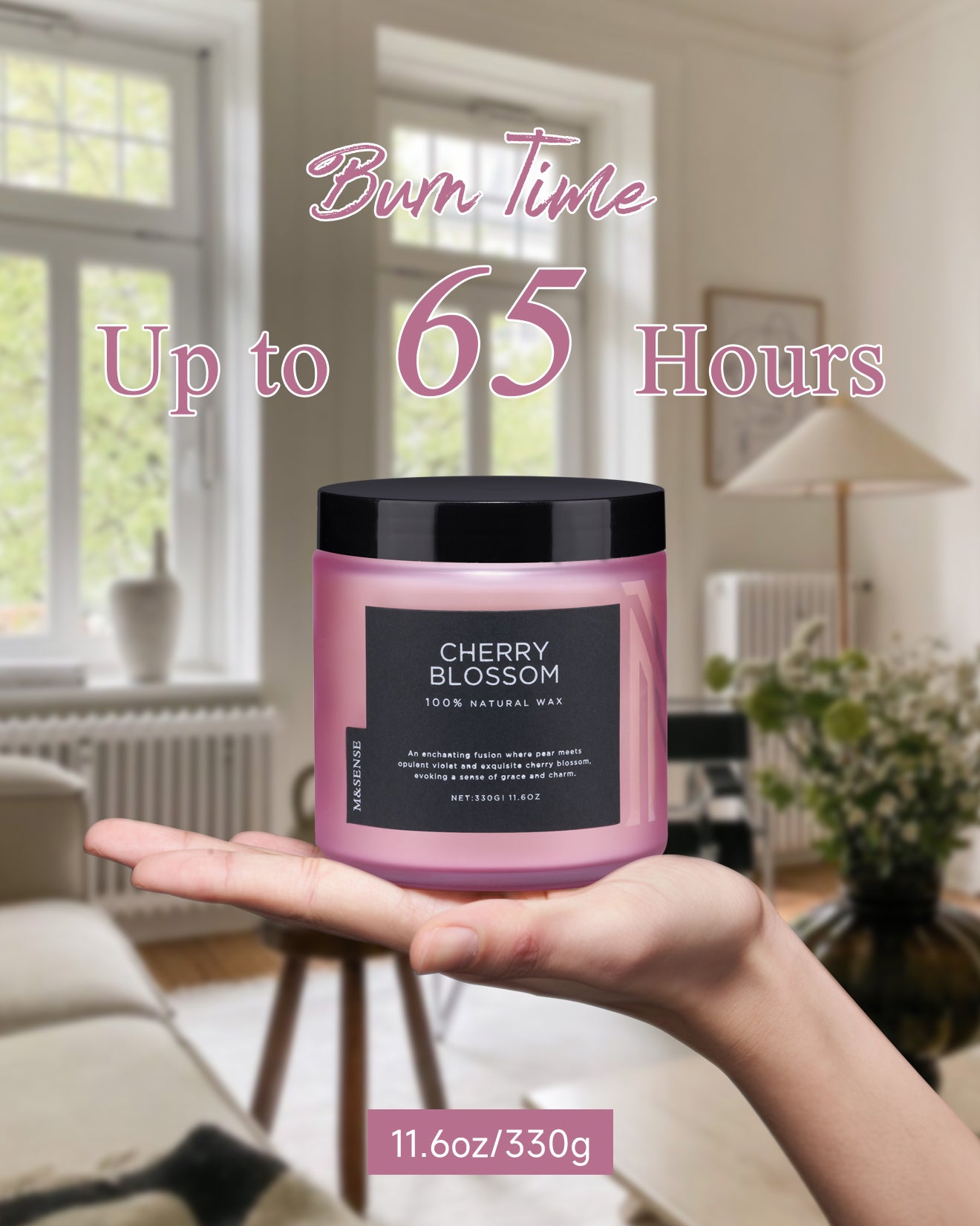 Purple Candle with a label held by hands against a room background, featuring text about burn time and weight.
