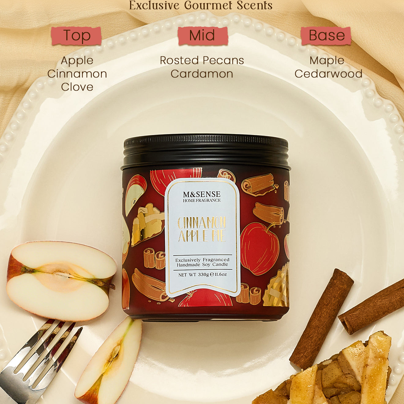 Cinnamon Apple Pie scented candle with flavor profile on a plate with apples, cinnamon sticks, and pecans.