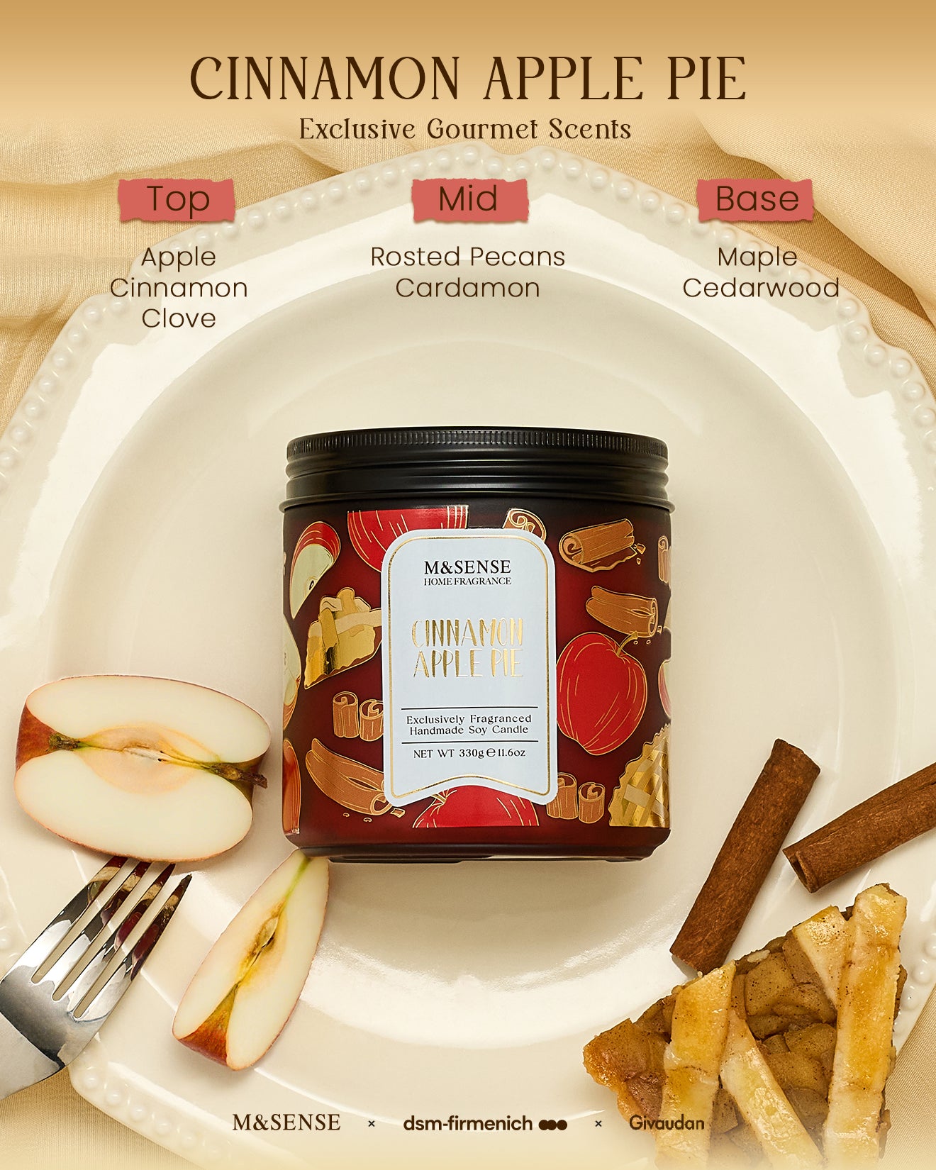 Cinnamon Apple Pie scented candle with flavor profile on a plate with apples, cinnamon sticks, and pecans.