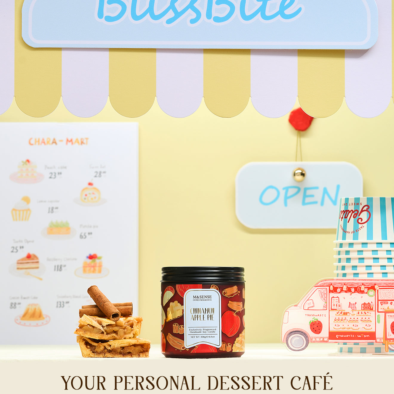 BlissBite dessert café setup with a jar of cookies and a 'Open' sign on a yellow background.