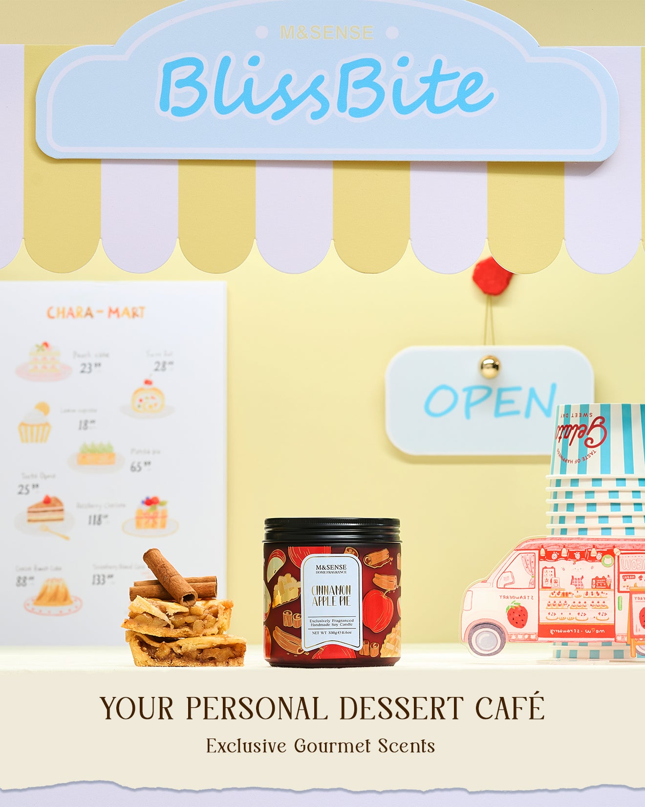 BlissBite dessert café setup with a jar of cookies and a 'Open' sign on a yellow background.