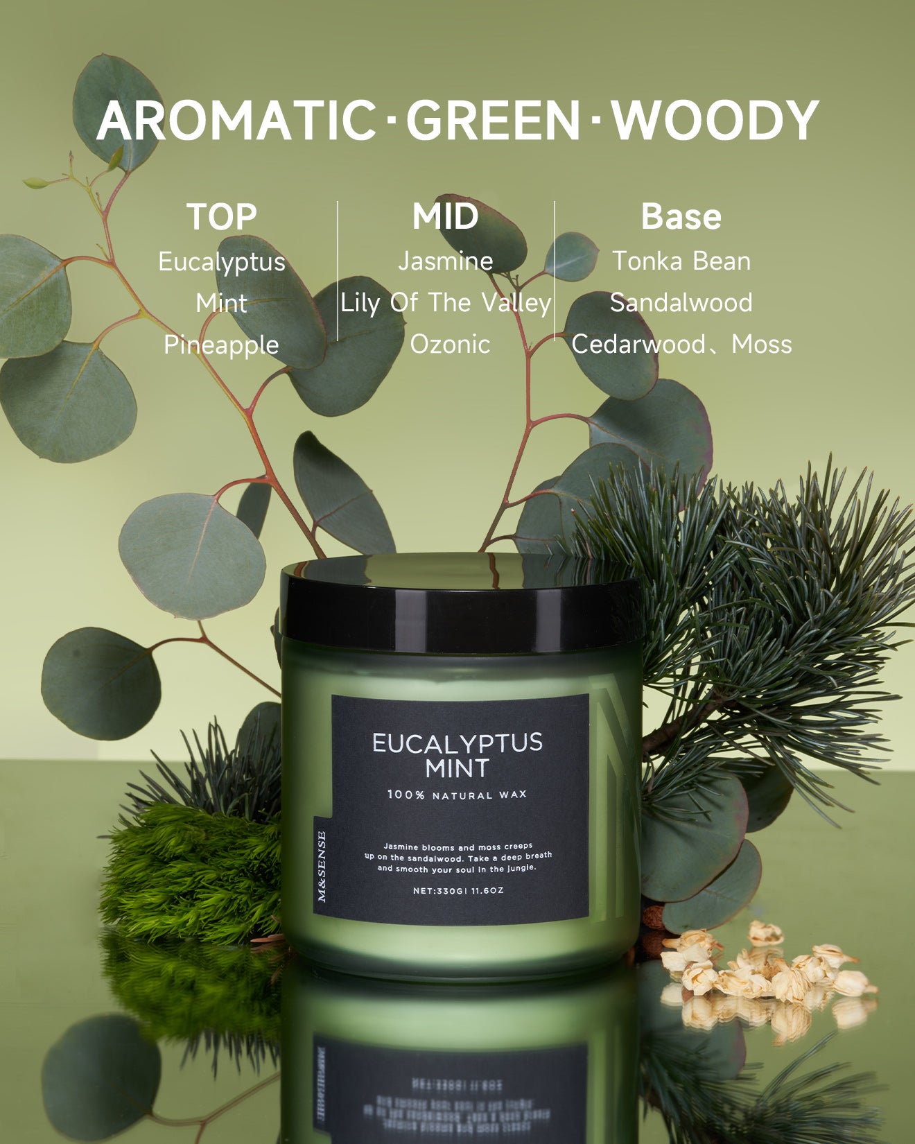 Eucalyptus mint scented candle in a green frosted jar, nestled among fresh eucalyptus and pine branches on a green background.
