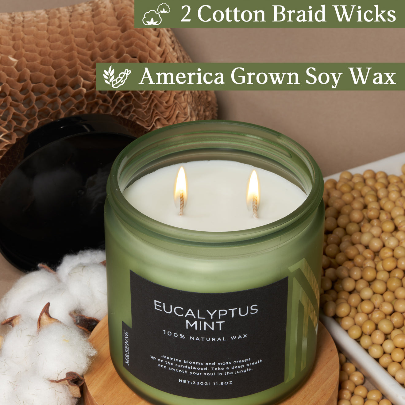 Eucalyptus mint soy wax candle in a green jar, shown with raw cotton, soybeans, and recyclable packaging to highlight natural, non-toxic ingredients.