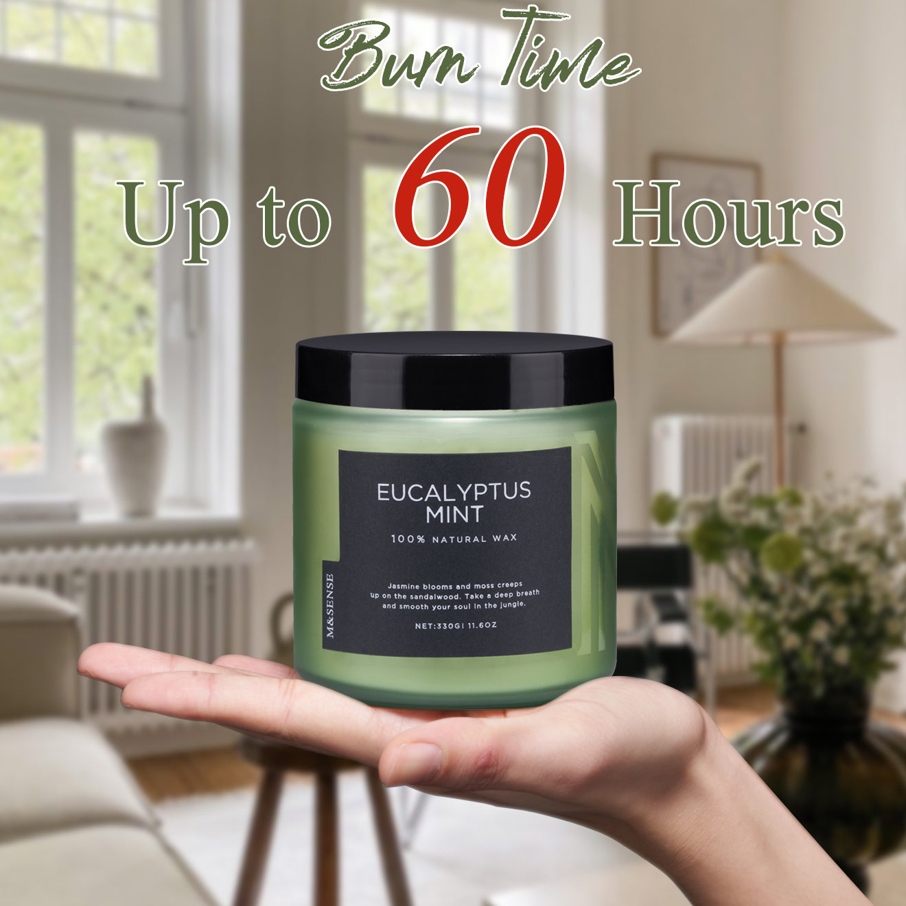 Soy wax candle with 60-hour burn time, held gently in a hand to show its perfect size and natural ingredients.