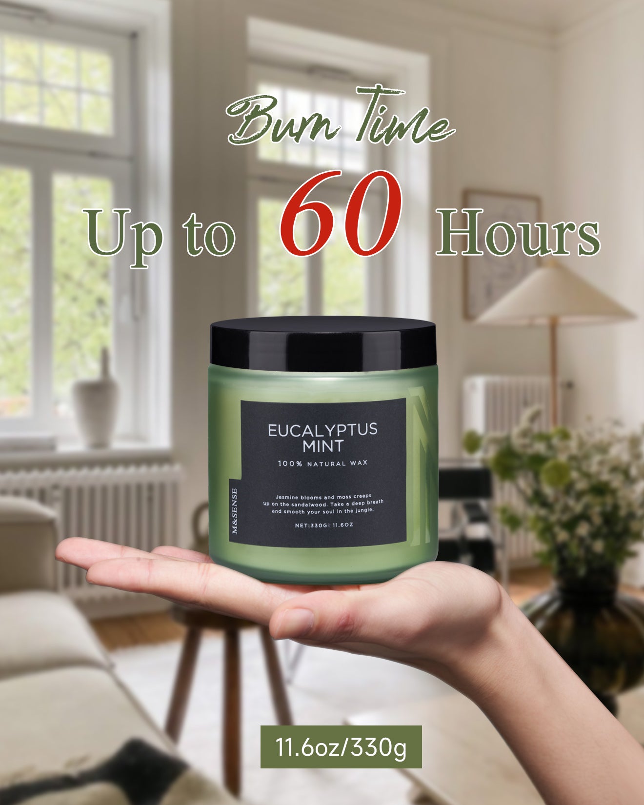Soy wax candle with 60-hour burn time, held gently in a hand to show its perfect size and natural ingredients.