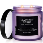 Lavender Citrus scented candle in an 11.6oz purple frosted glass jar, made with 100% natural wax.