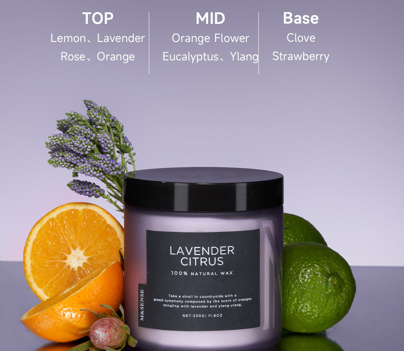 Lavender Citrus candle with fragrance notes, surrounded by lavender, citrus, and lemon on a lilac background.