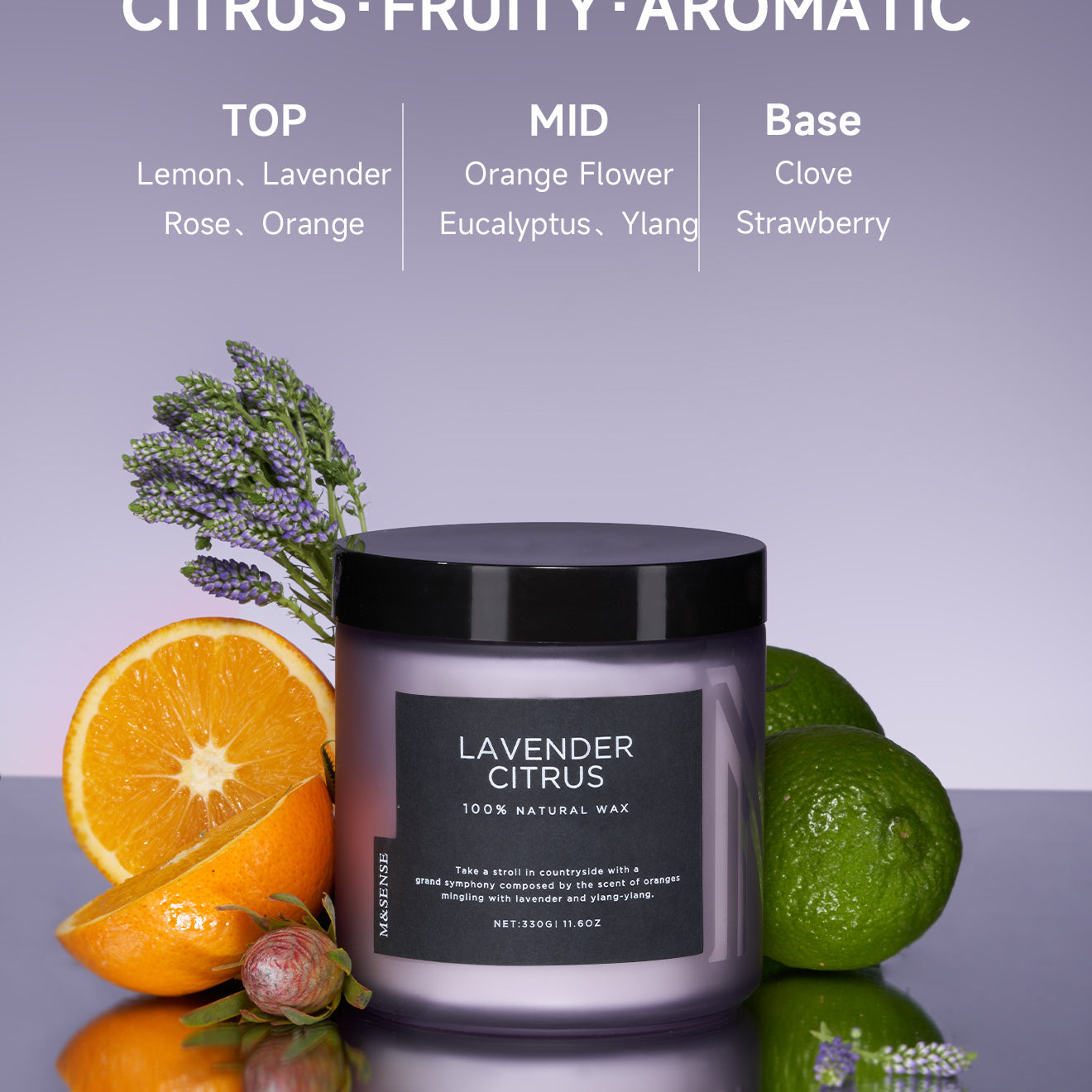 Lavender Citrus candle with fragrance notes, surrounded by lavender, citrus, and lemon on a lilac background.