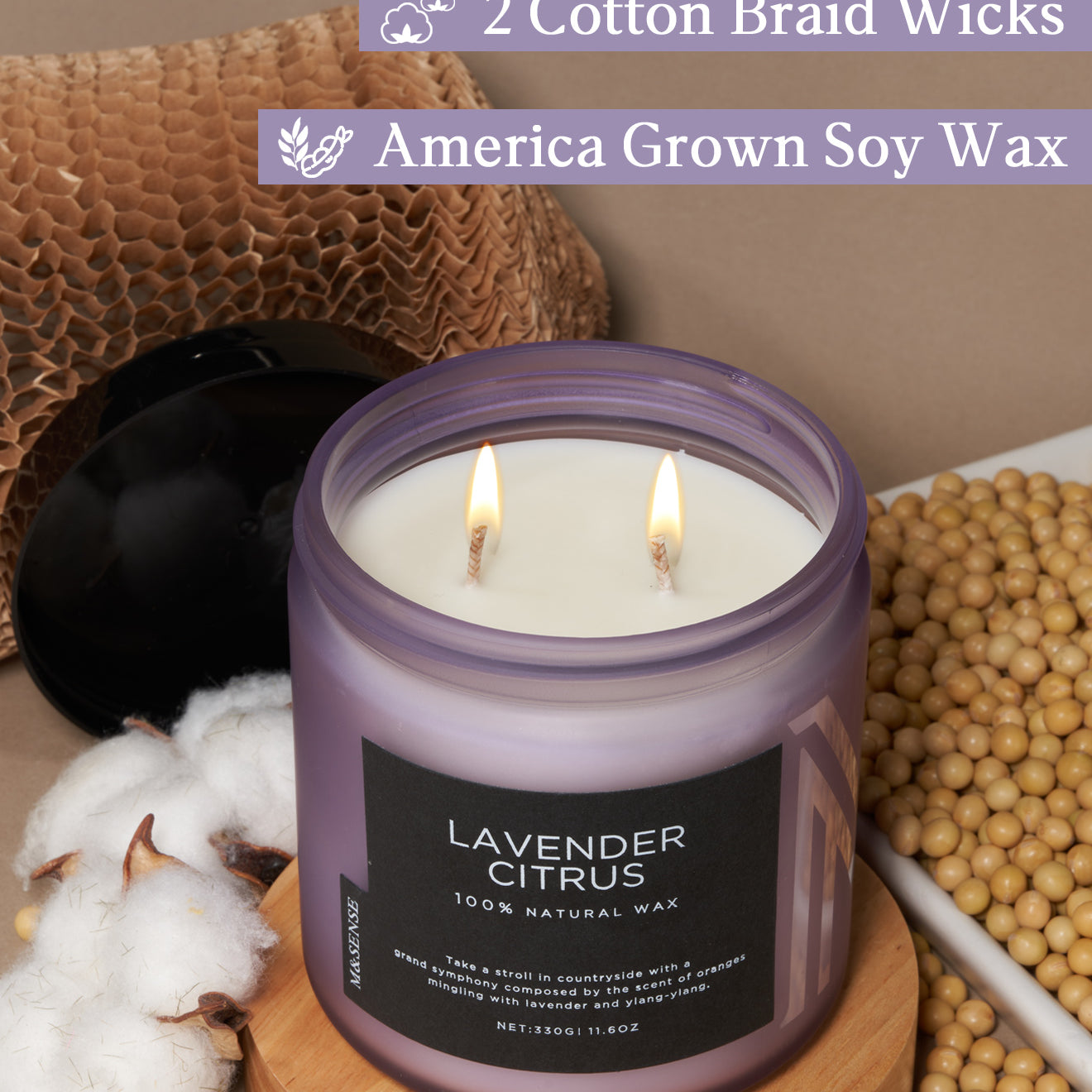 Natural Lavender Citrus soy wax candle with cotton wick, displayed with cotton, soybeans, and recyclable honeycomb paper.