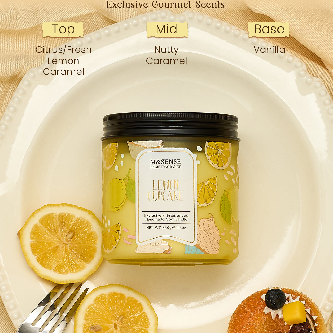 M&SSENSE Lemon Cupcake candle with lemon slices and a fork on a beige background