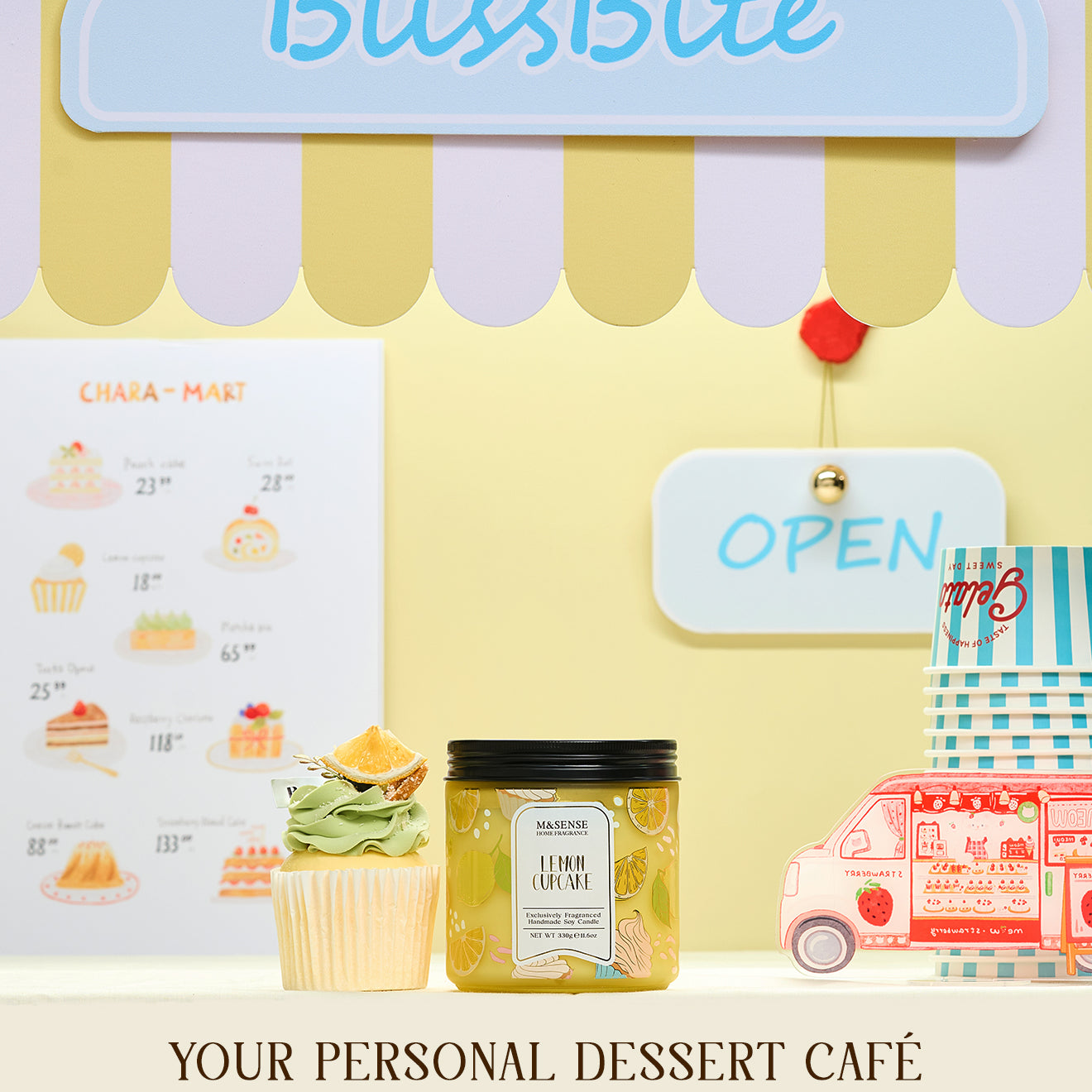 Bliss Bite dessert café setup with a jar of lemon curd and menu on a yellow background