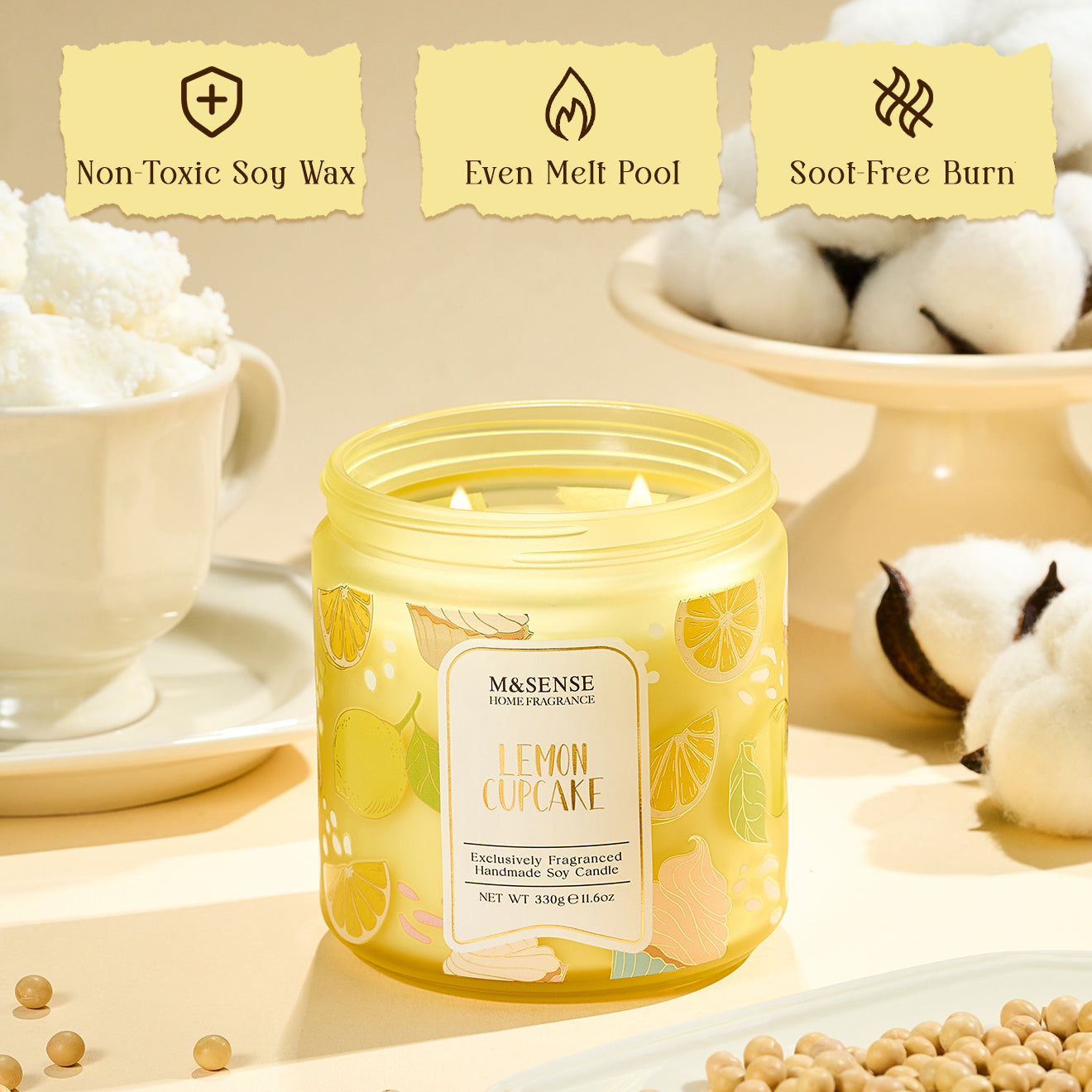 Yellow candle labeled 'Lemon Cupcake' with text about burn characteristics on a beige background.