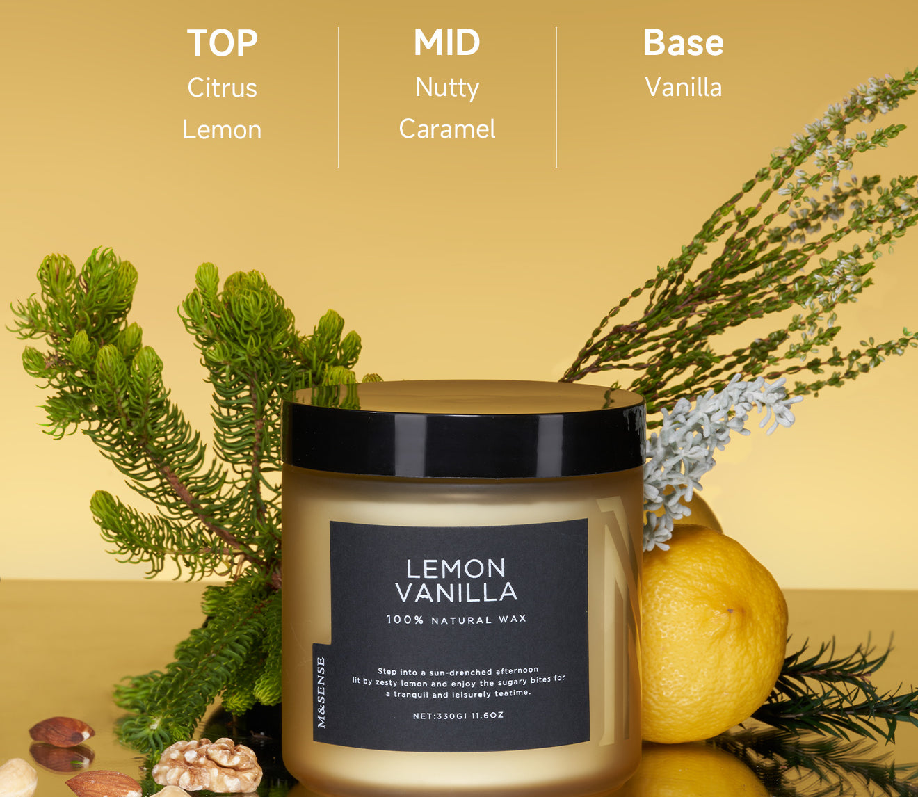 Lemon Vanilla Candle with fragrance notes, surrounded by lemon, cedar and vanilla.
