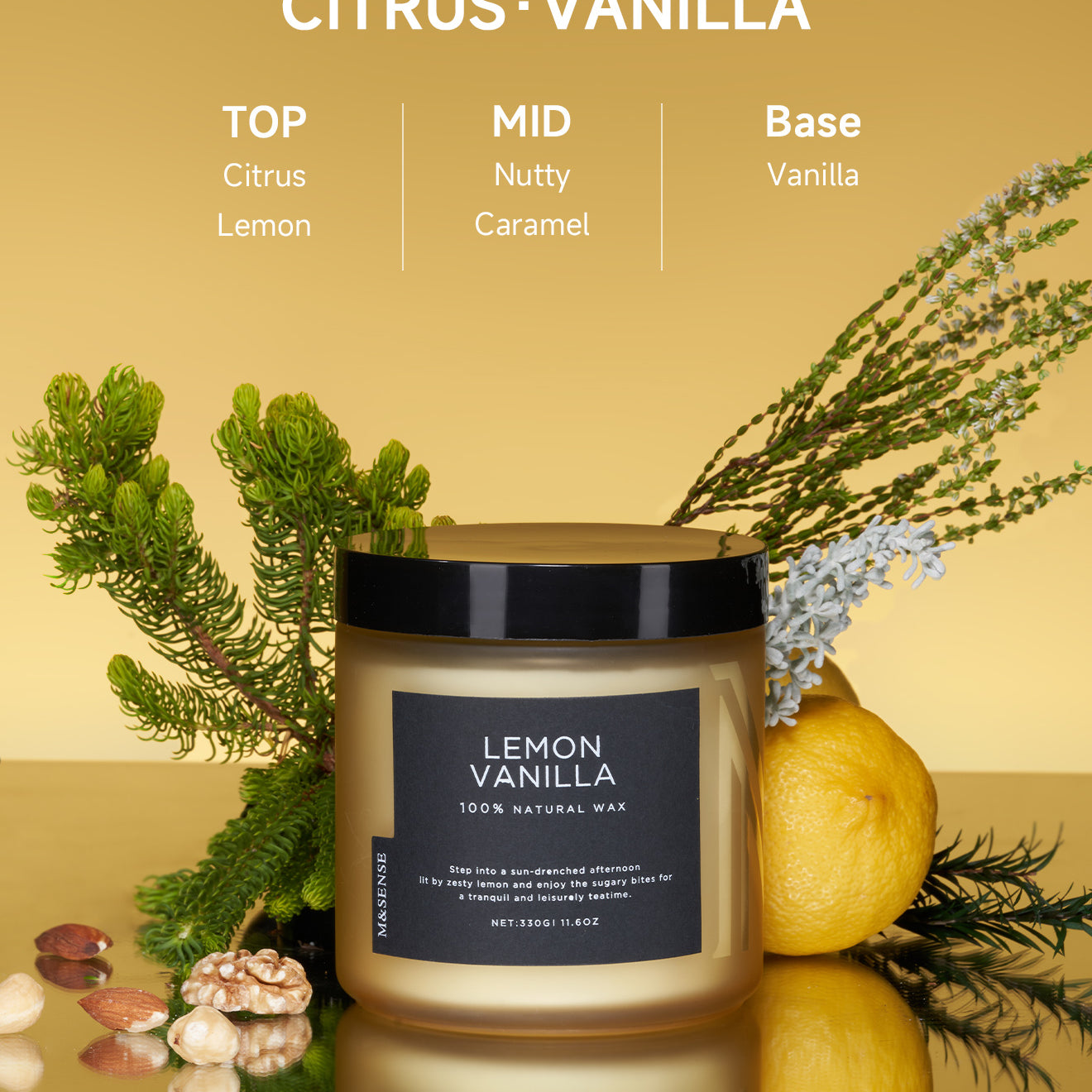 Lemon Vanilla Candle with fragrance notes, surrounded by lemon, cedar and vanilla.