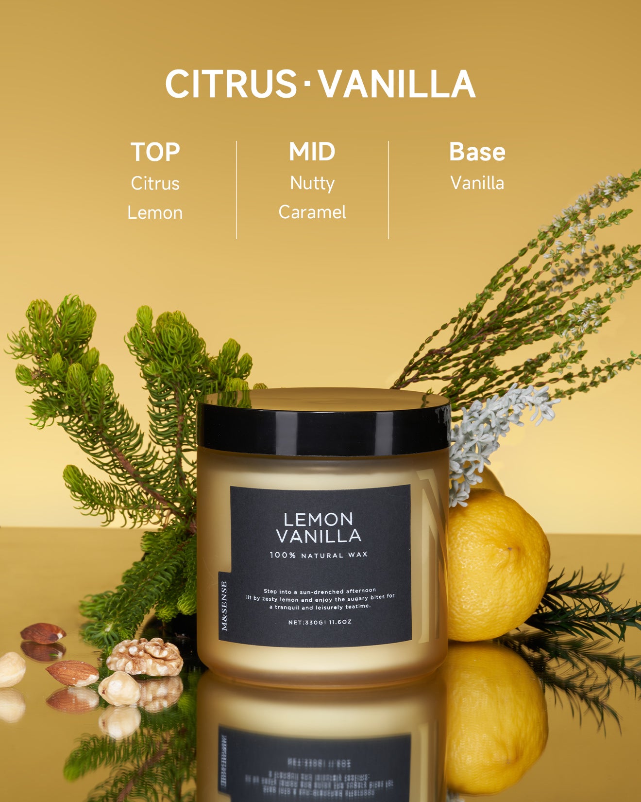 Lemon Vanilla Candle with fragrance notes, surrounded by lemon, cedar and vanilla.