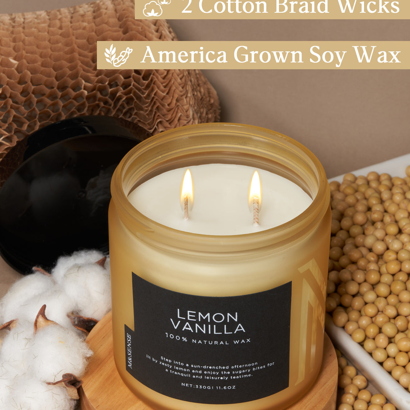 Natural Lemon Vanilla soy wax candle with cotton wick, displayed with eco-friendly materials.