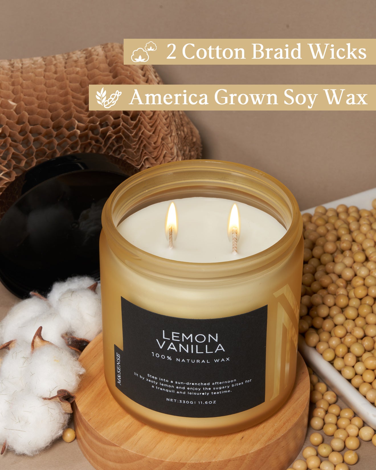 Natural Lemon Vanilla soy wax candle with cotton wick, displayed with eco-friendly materials.
