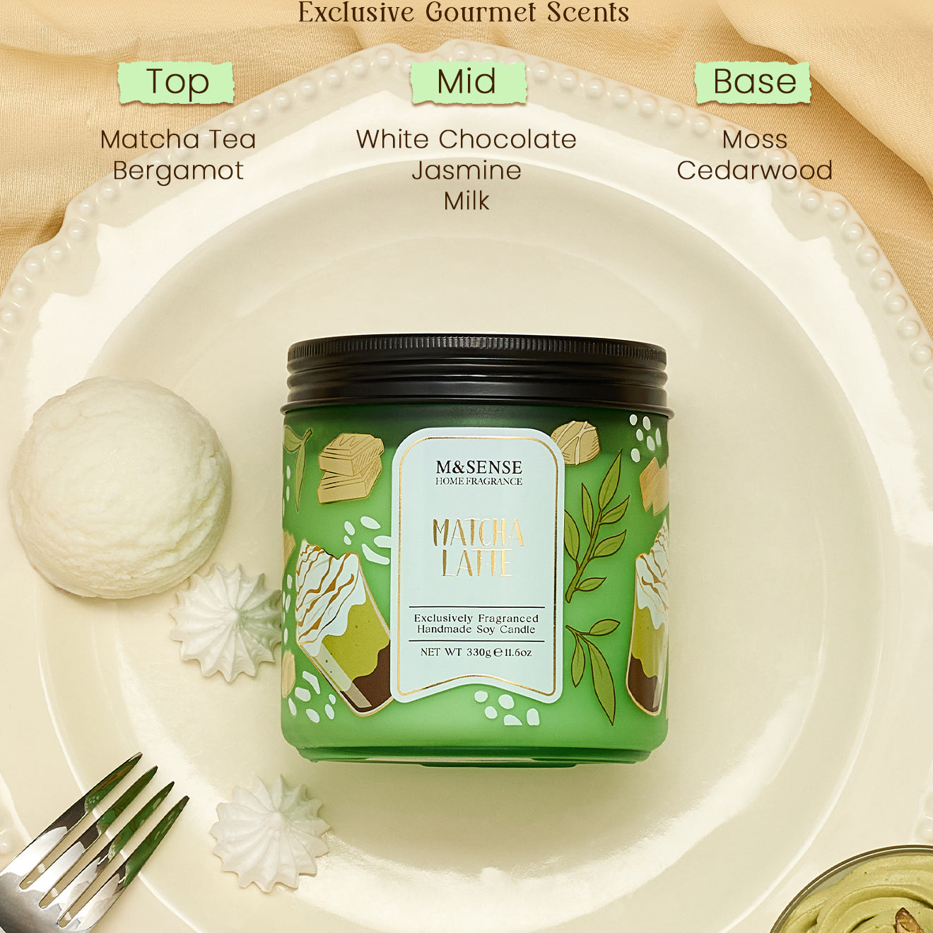 Másense Matcha Latte candle on a white plate with scents labeled