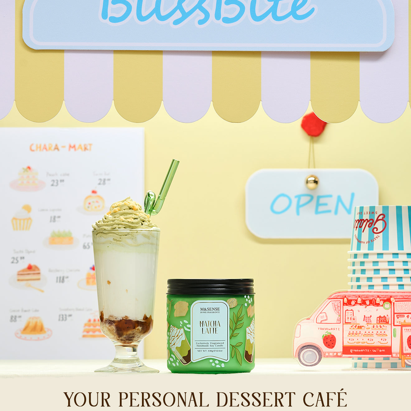BlissBite dessert-themed product set with a cup, jar, and menu on a yellow background
