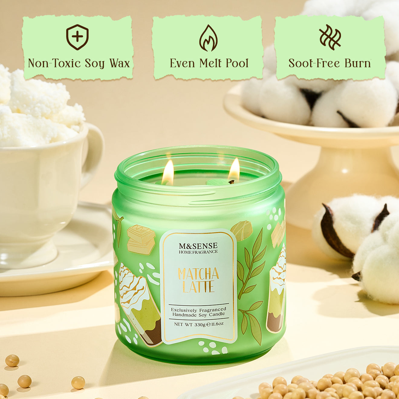 Green candle labeled 'Matcha Latte' with text about burn characteristics on a neutral background.