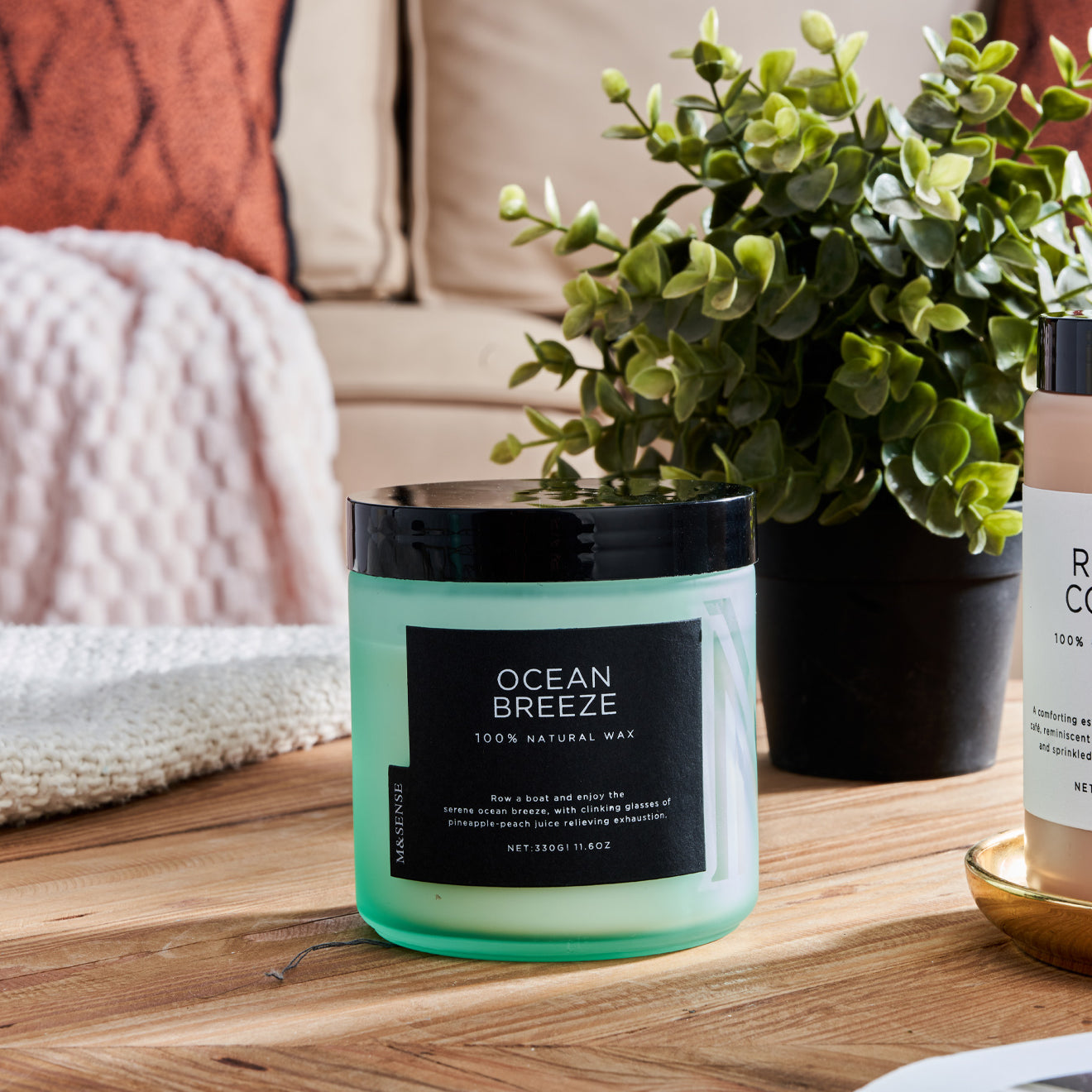 Ocean Breeze scented candle on wooden table with plant and cozy home deco