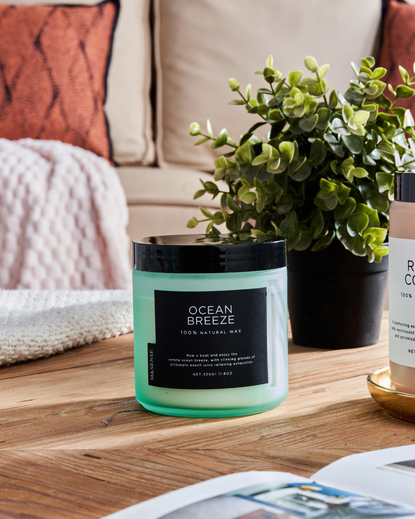 Ocean Breeze scented candle on wooden table with plant and cozy home deco