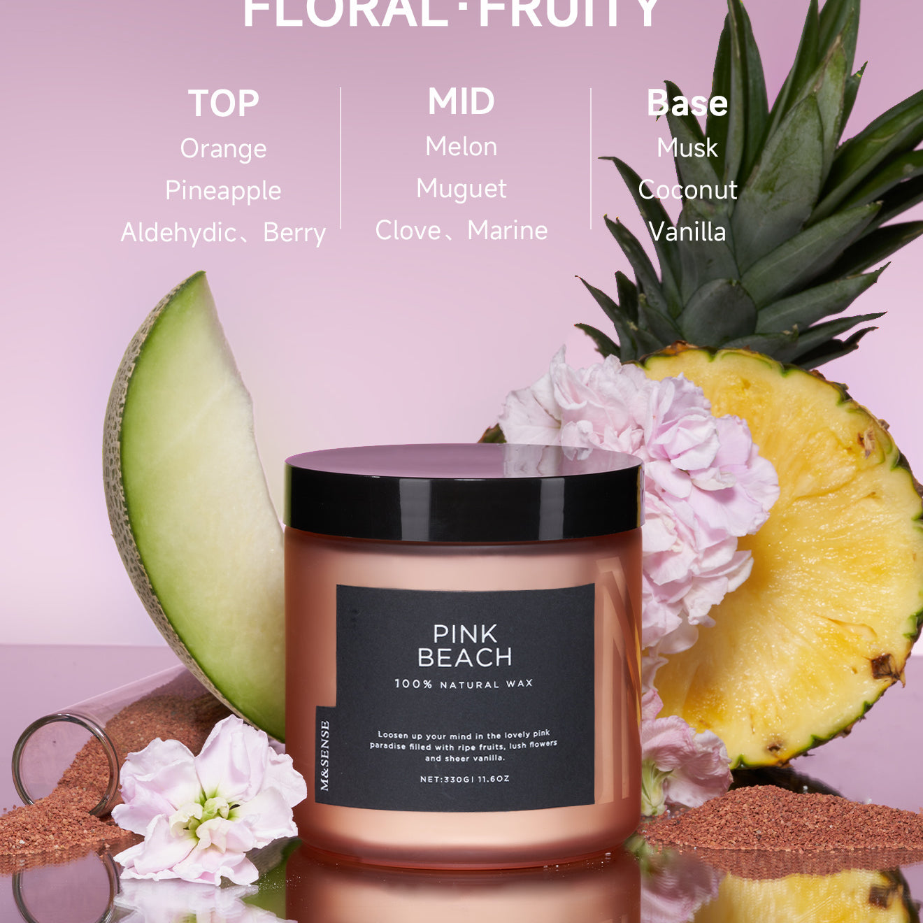 Pink Beach candle with fragrance notes, surrounded by pineapple, spices and melon.