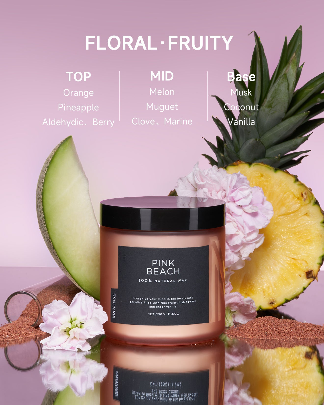 Pink Beach candle with fragrance notes, surrounded by pineapple, spices and melon.