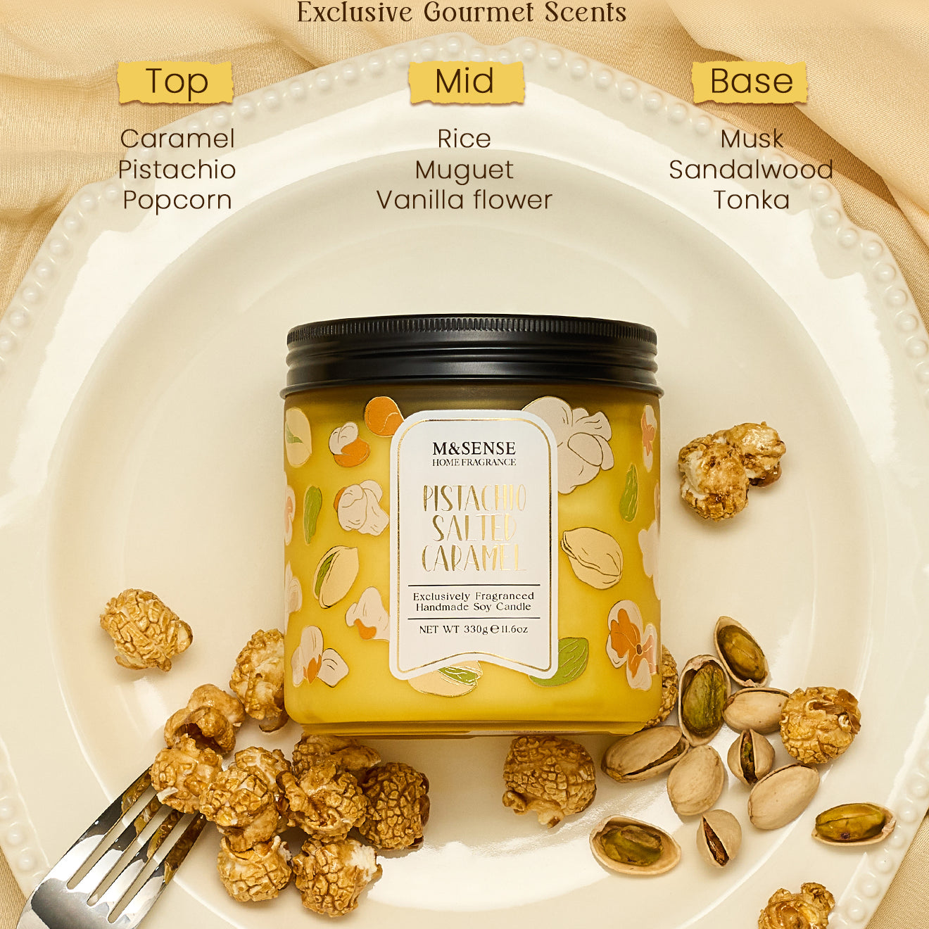 Másènse pistachio salted caramel candle with ingredients displayed on a plate