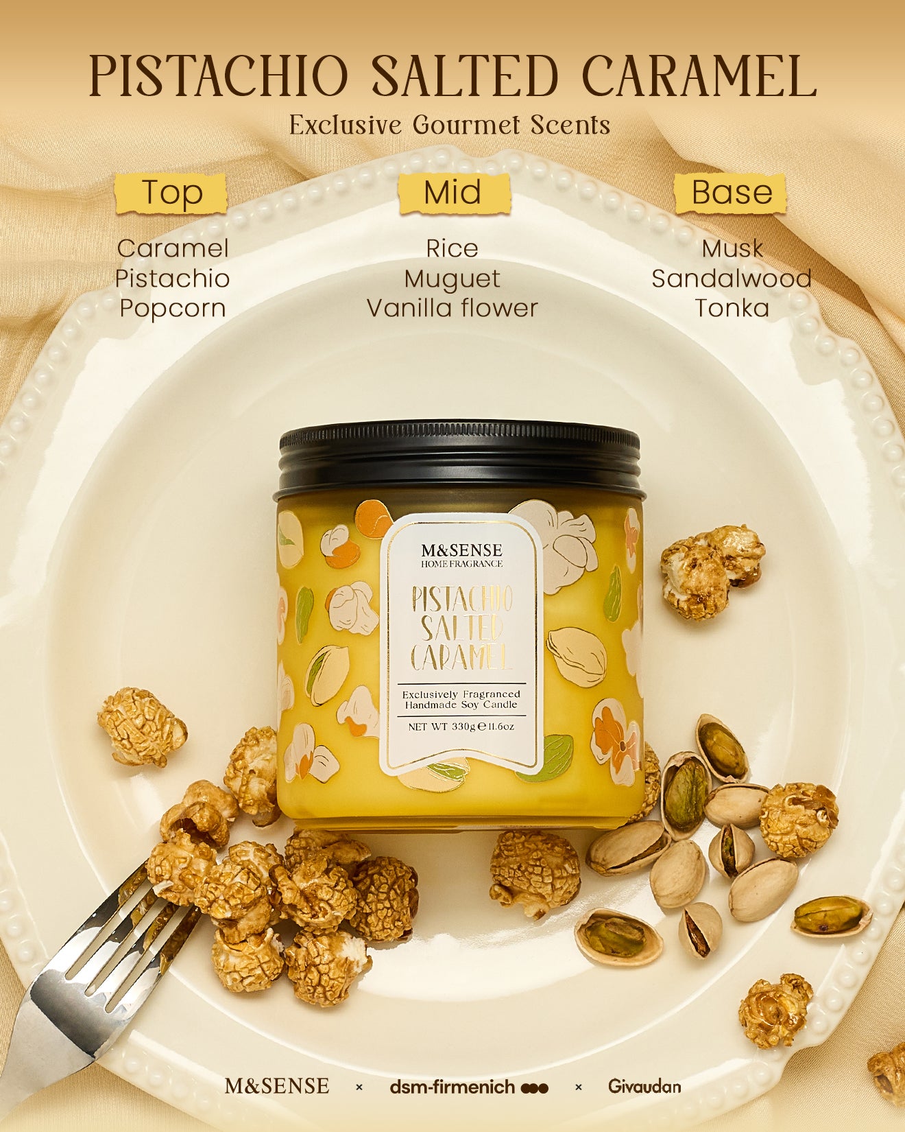 Másènse pistachio salted caramel candle with ingredients displayed on a plate